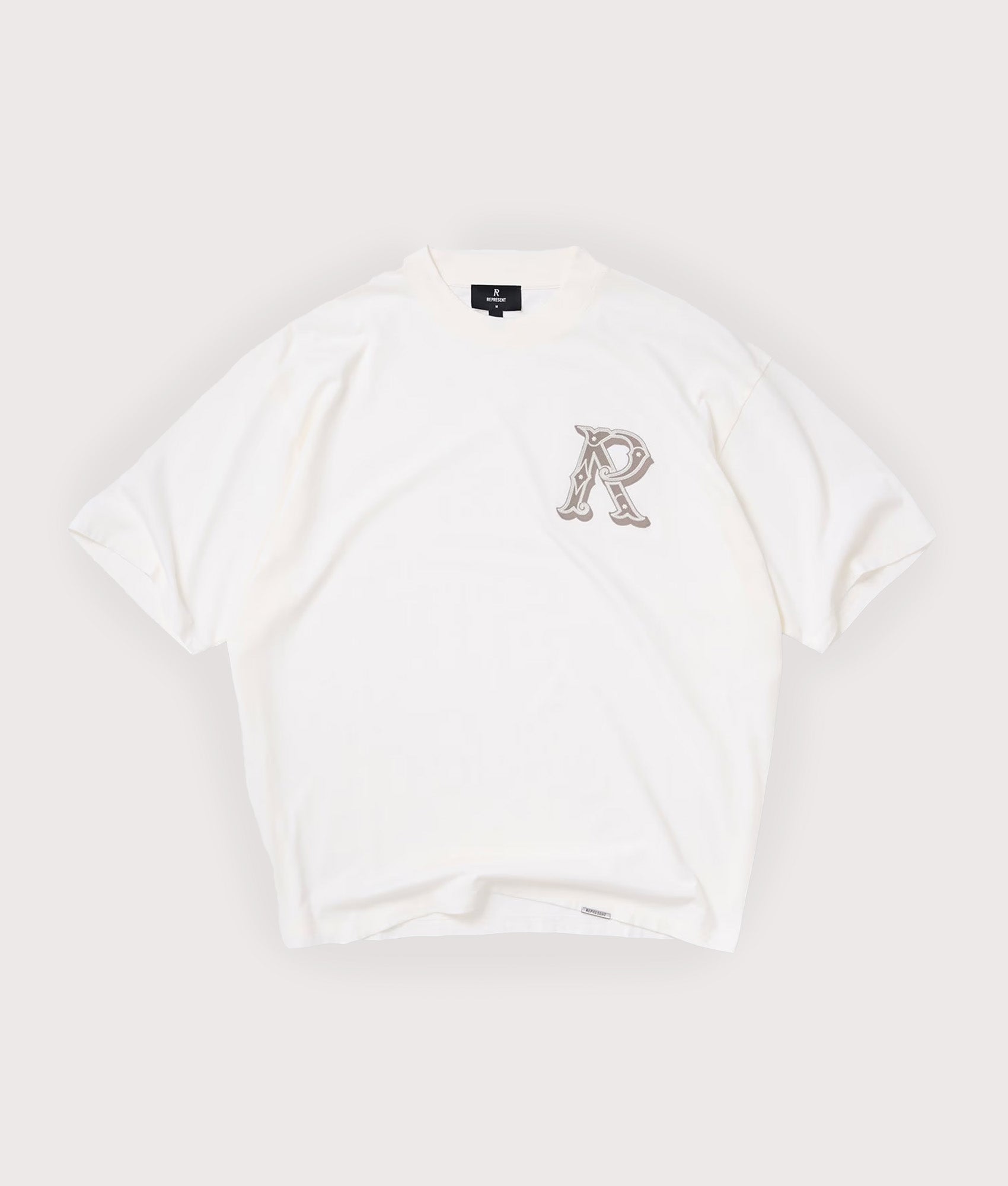 Represent Western Initial T-Shirt in Flat White at EQVVS Menswear. Flat shot.