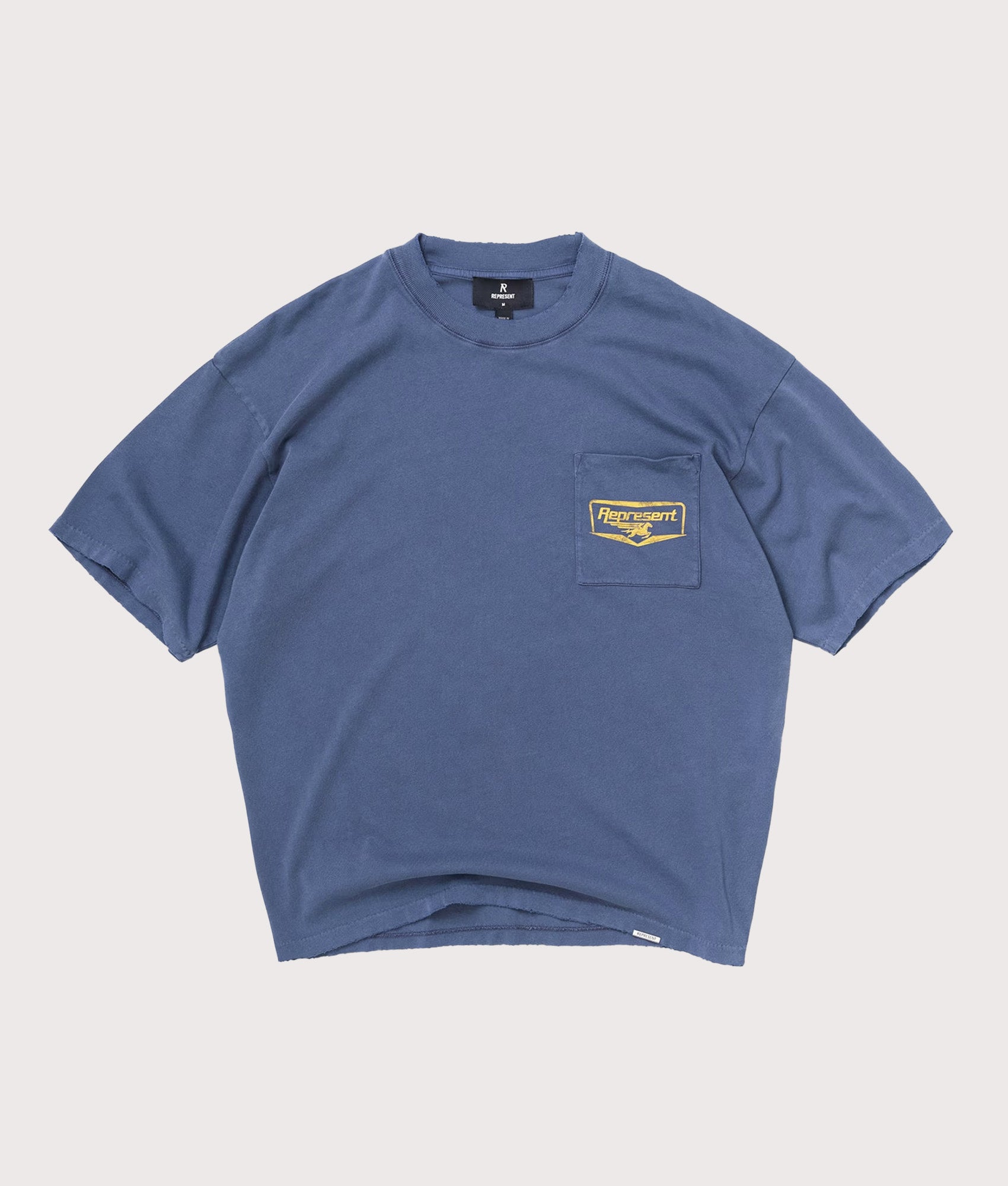 Represent Nothing Faster T-Shirt in Indigo at EQVVS Menswear. Model front shot.
