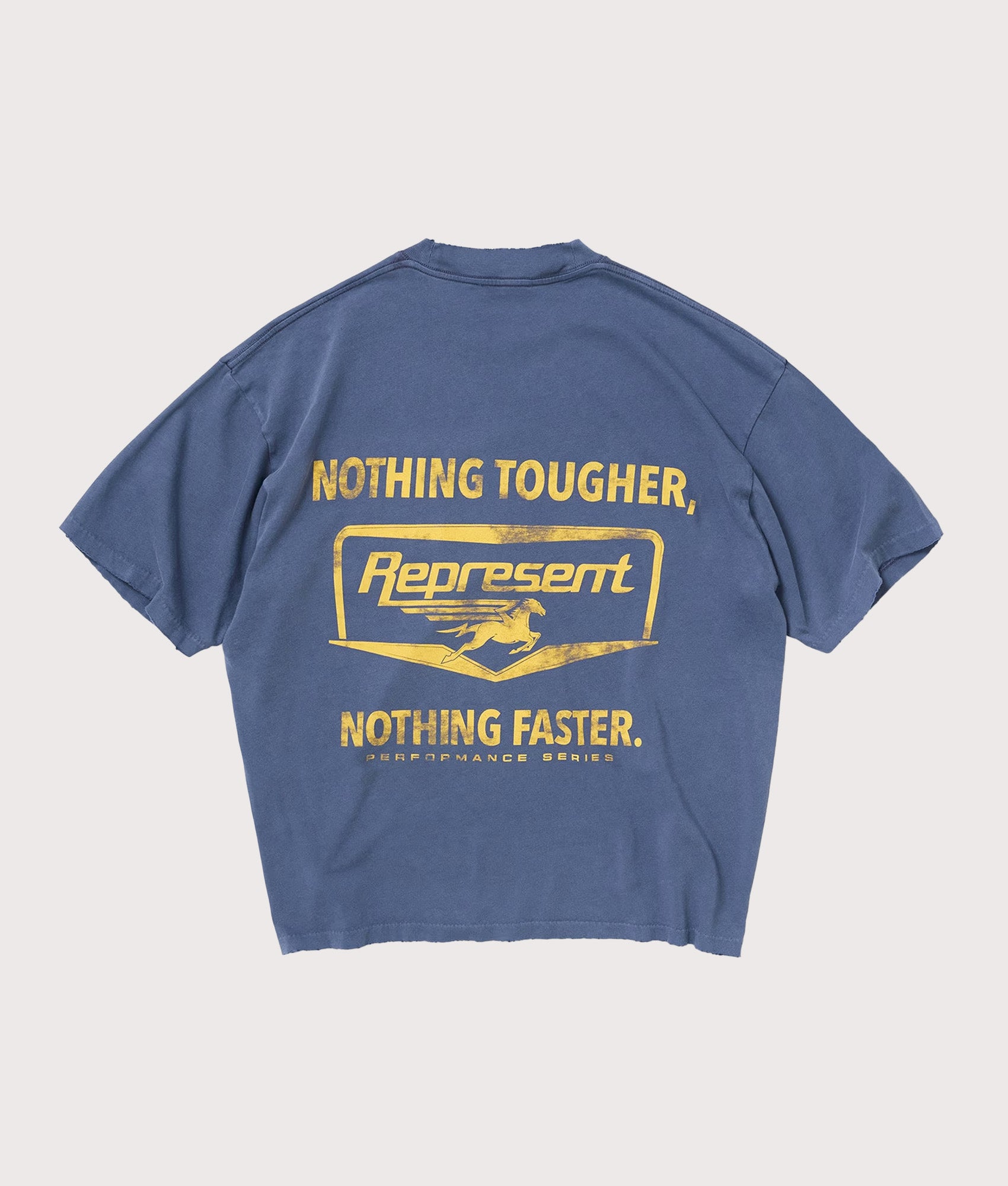 Represent Nothing Faster T-Shirt in Indigo at EQVVS Menswear. Model back shot.