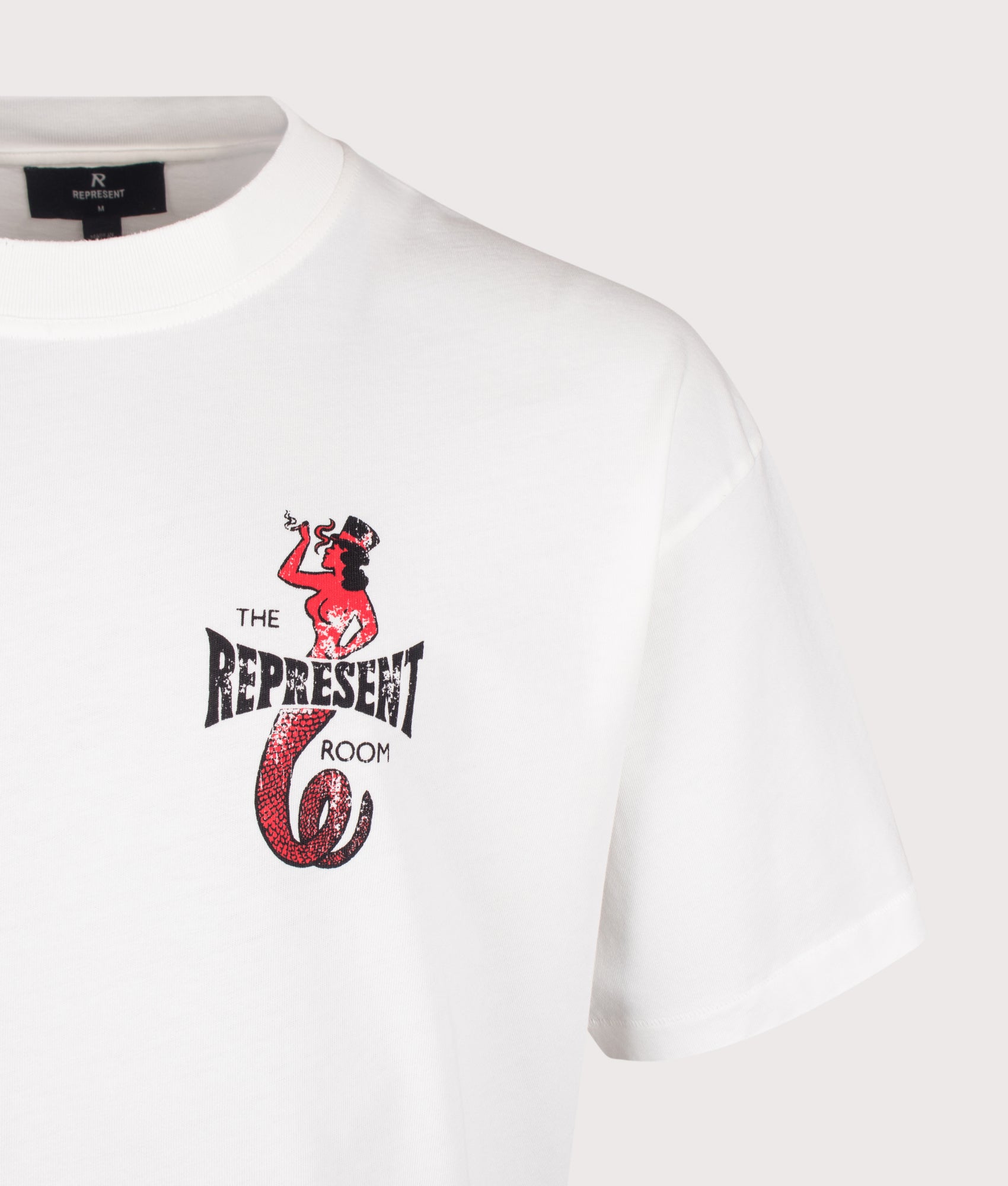 REPRESENT x The Viper Room Dice T-Shirt in Flat White at EQVVS Menswear. Detail shot.