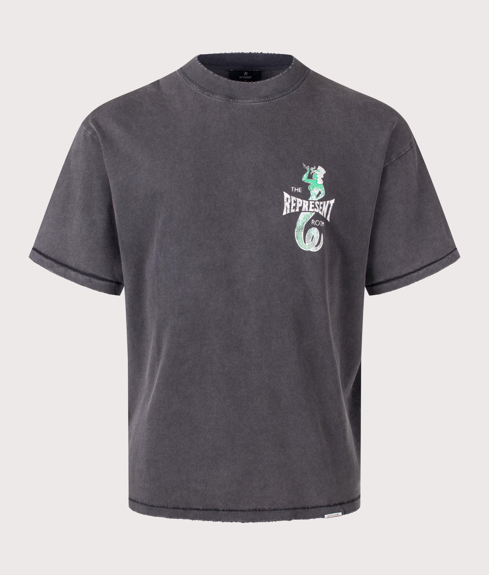 REPRESENT Viper Room Dice T-Shirt in Vintage Grey at EQVVS Menswear. Front shot.