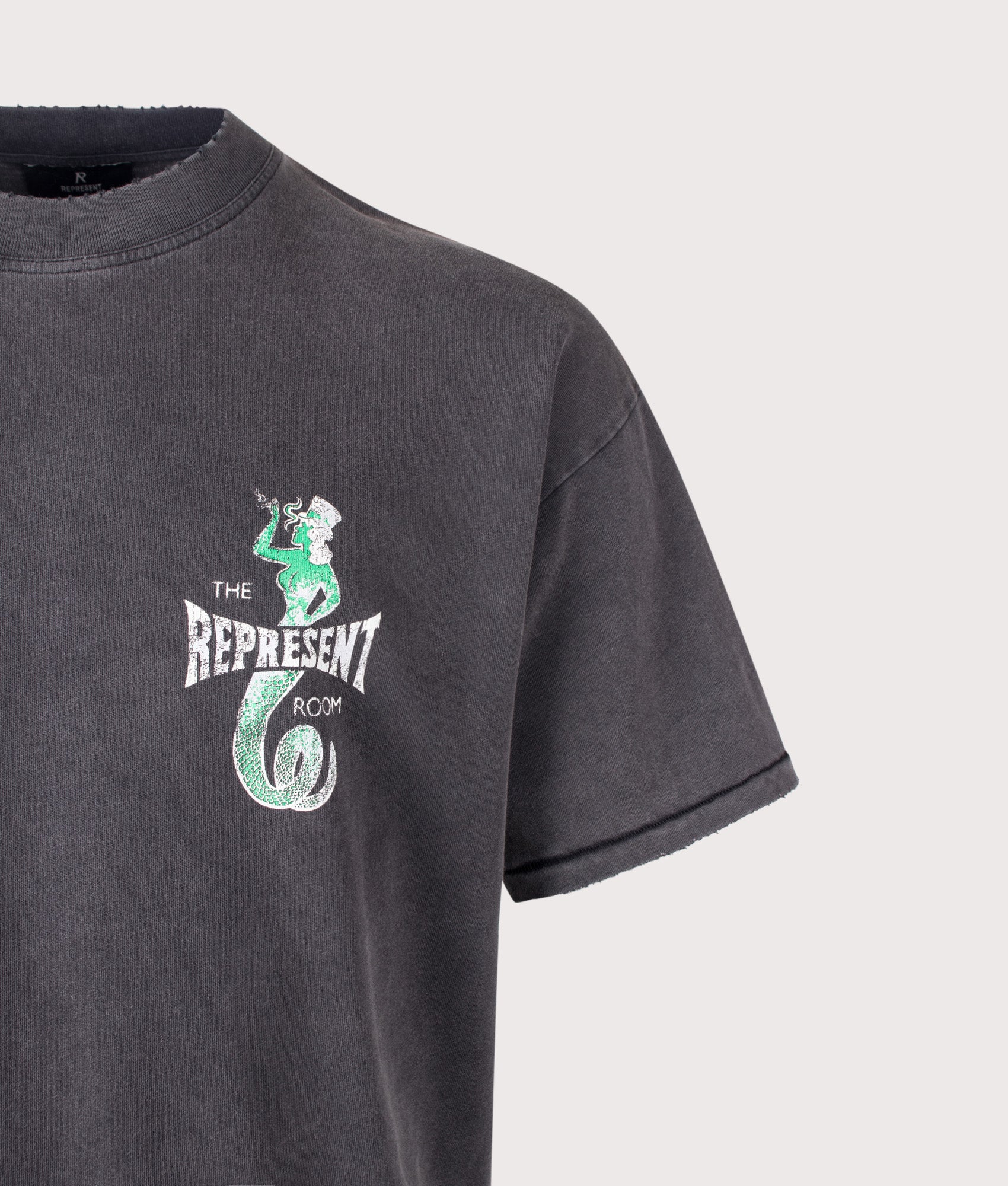 REPRESENT Viper Room Dice T-Shirt in Vintage Grey at EQVVS Menswear. Detail shot.