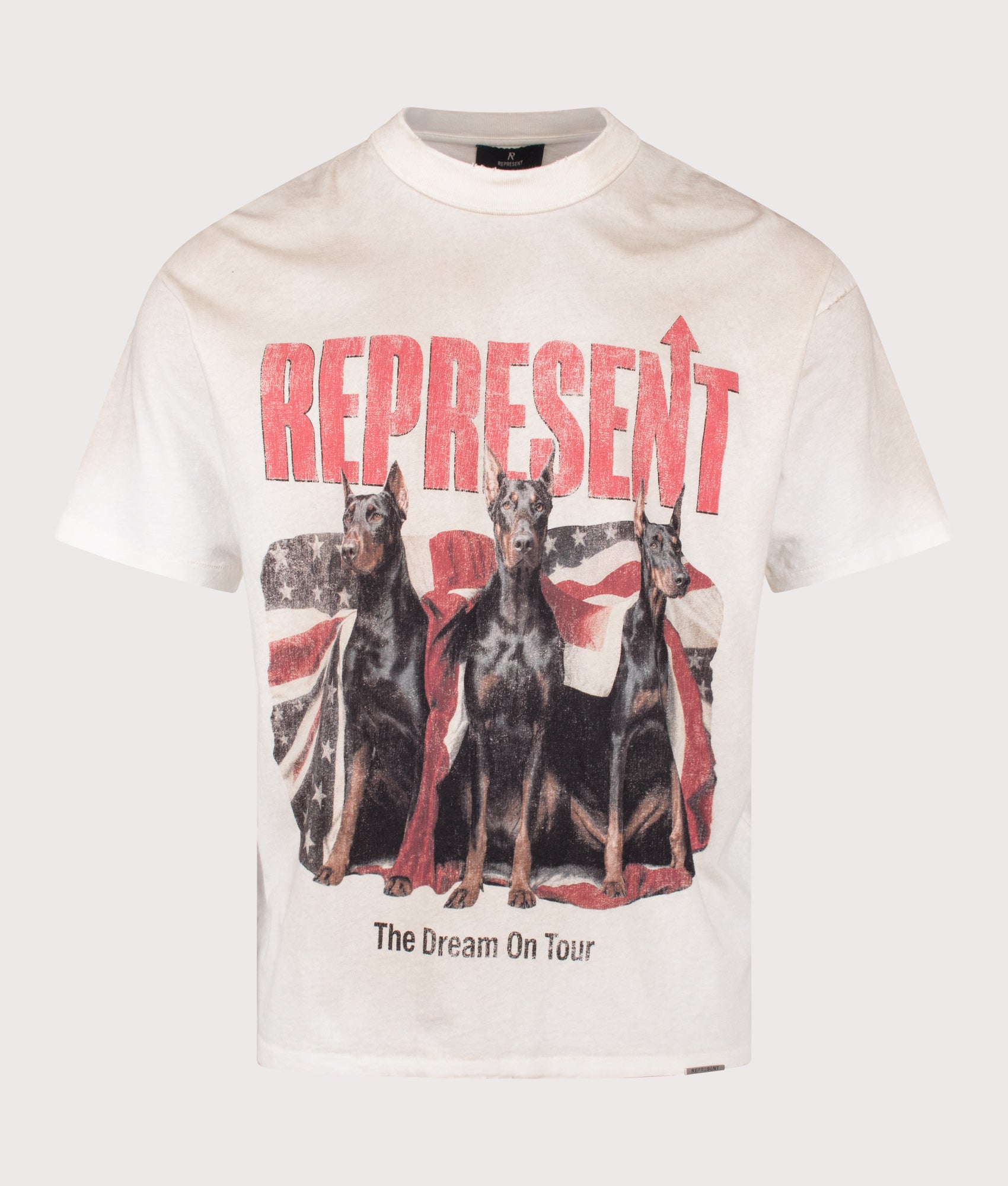 REPRESENT The American Dream On Tour T-Shirt in Washed Ecru at EQVVS Menswear. Front shot.