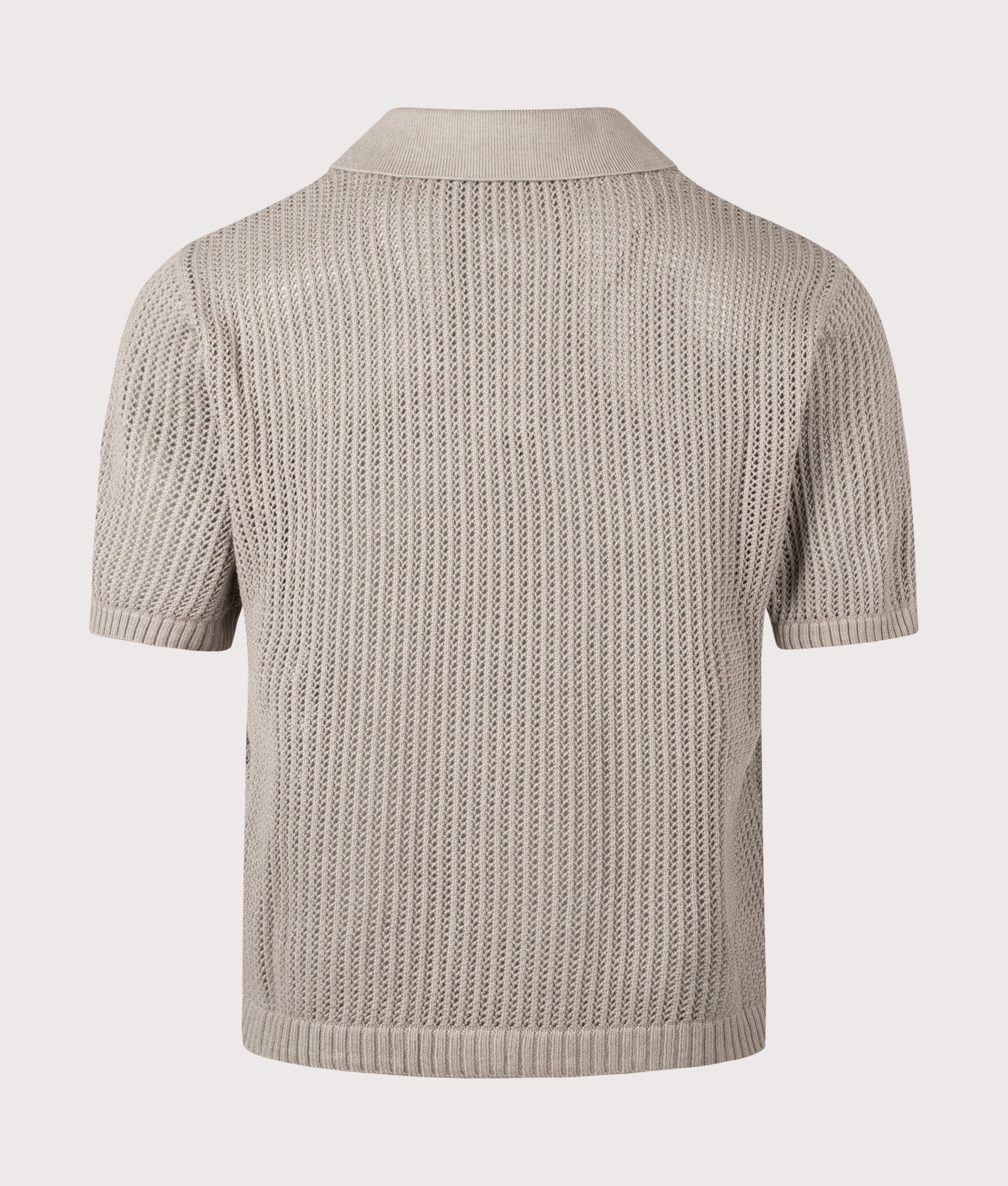 REPRESENT Beverly Open Gauge Knitted Polo Shirt in Vintage Khaki at EQVVS Menswear. Back shot.
