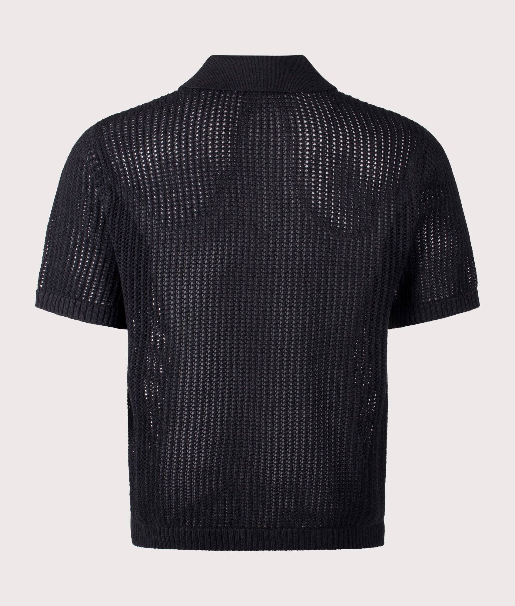 REPRESENT Beverly Open Gauge Knitted Polo Shirt in Jet Black at EQVVS Menswear. Back shot.