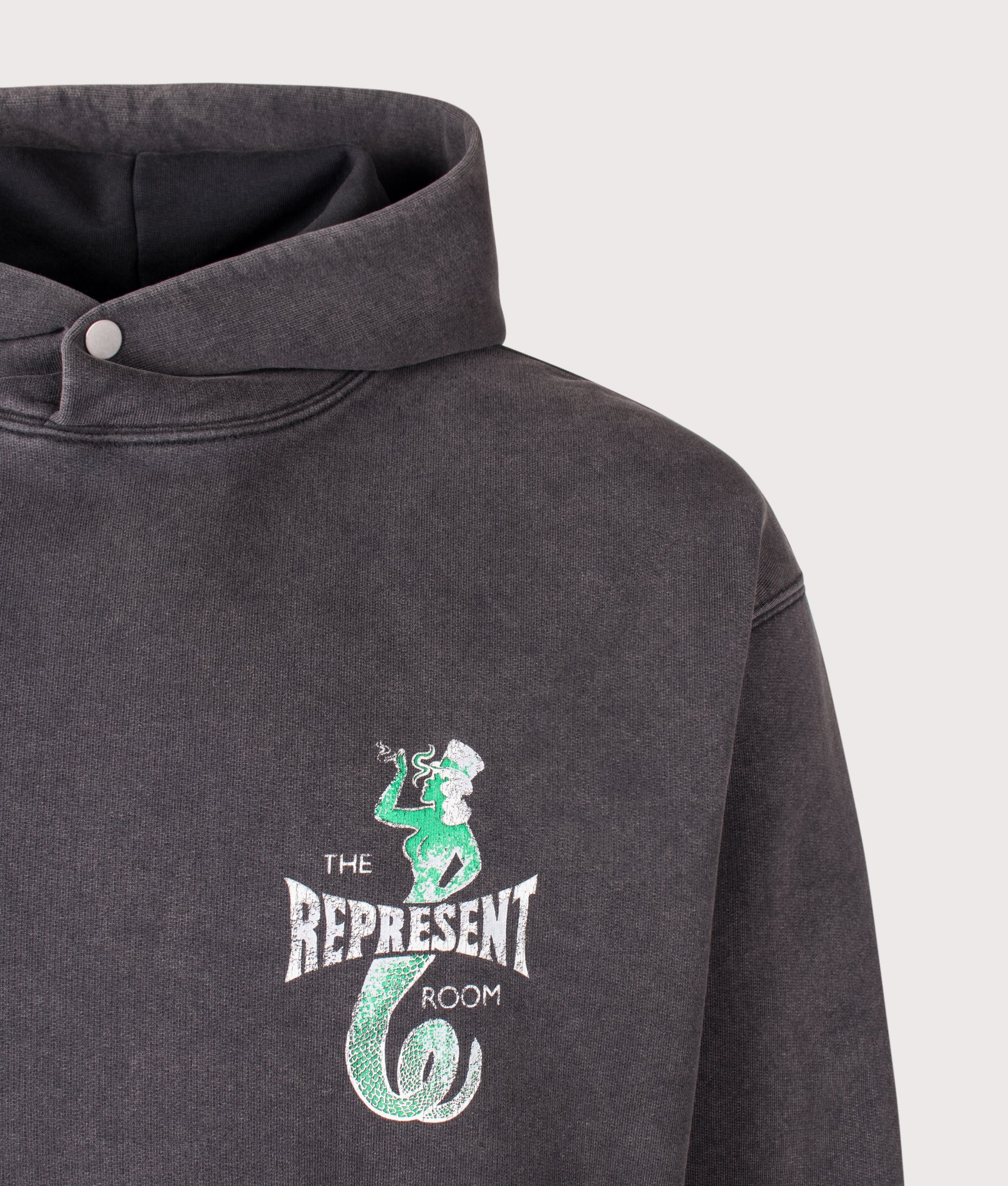 The Viper Room Dice Hoodie in Vintage Grey by REPRESENT. Shot by EQVVS. Detail shot.