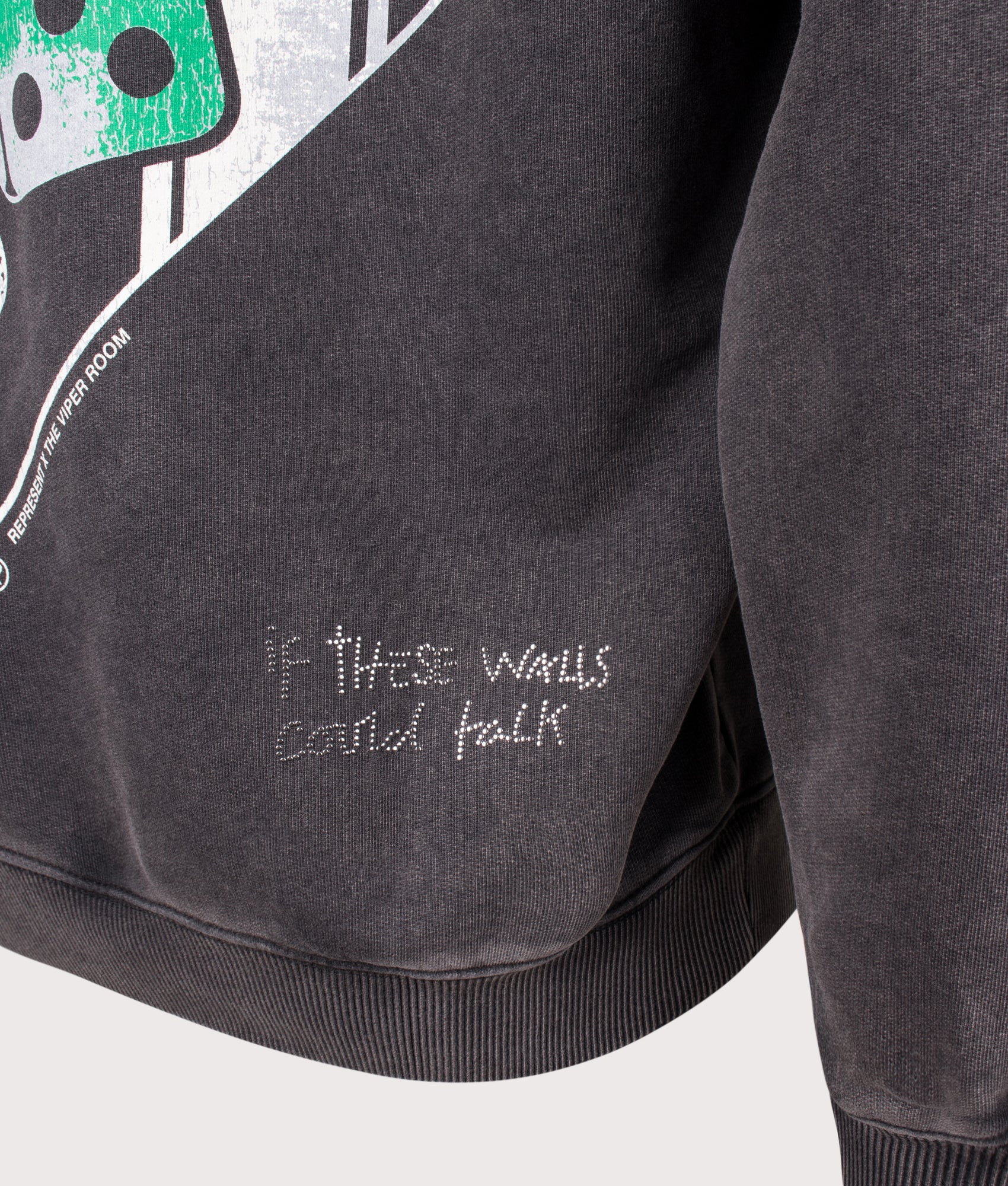 The Viper Room Dice Hoodie in Vintage Grey by REPRESENT. Shot by EQVVS. Detail shot.