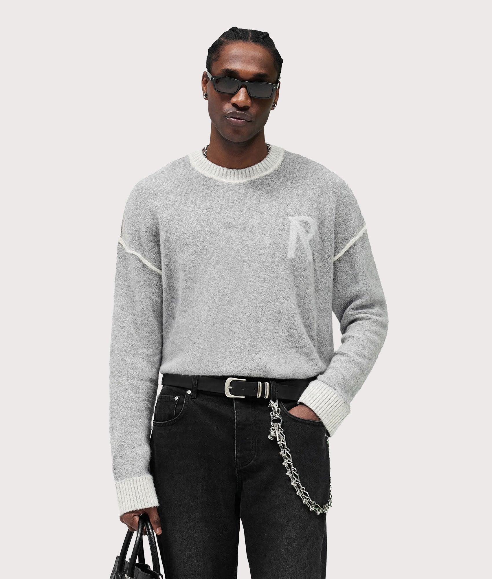 Represent Laurel Alpaca Knitted Jumper  in Sun Fade Grey at EQVVS Menswear. Model front shot.