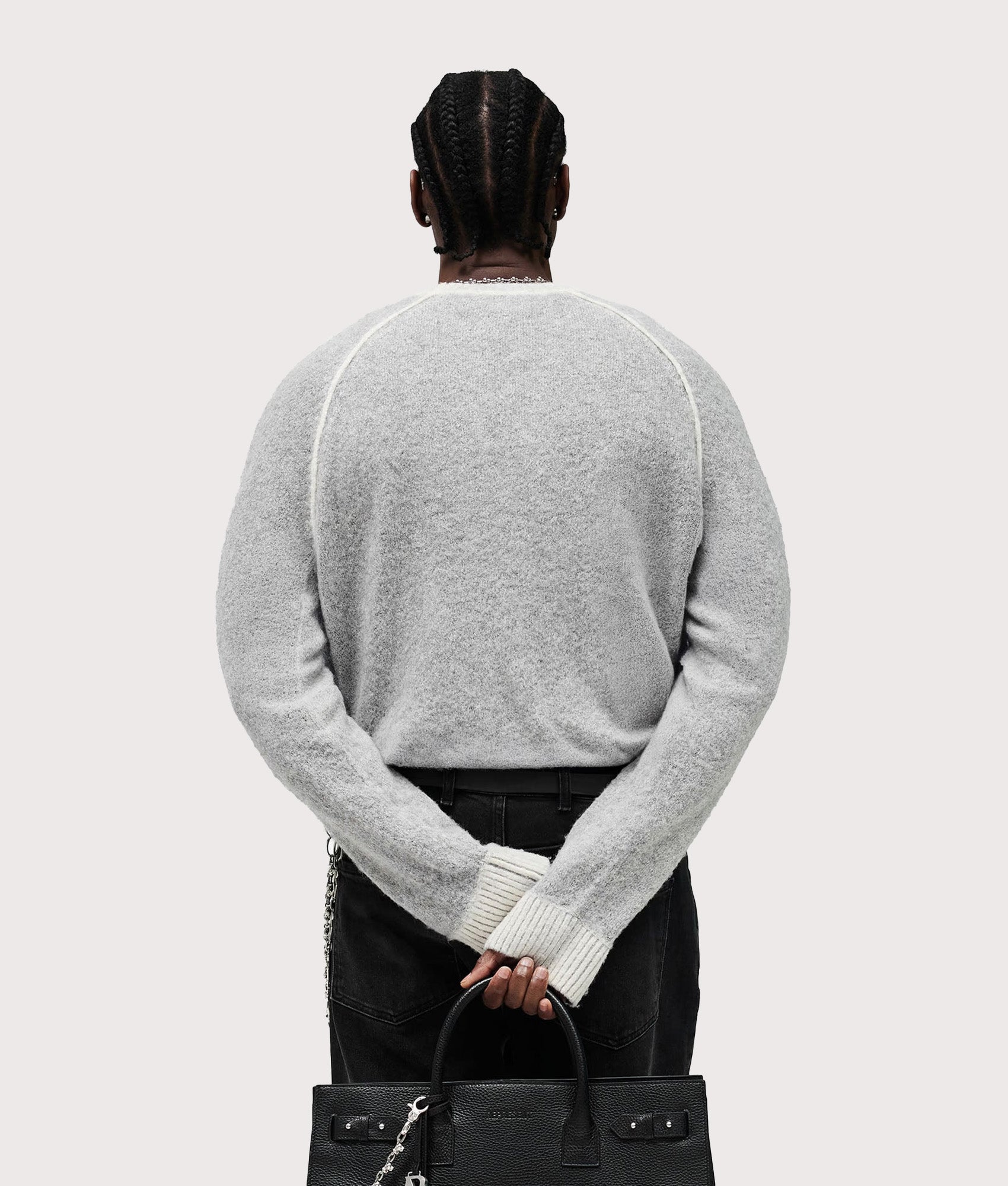 Represent Laurel Alpaca Knitted Jumper  in Sun Fade Grey at EQVVS Menswear. Model back shot.