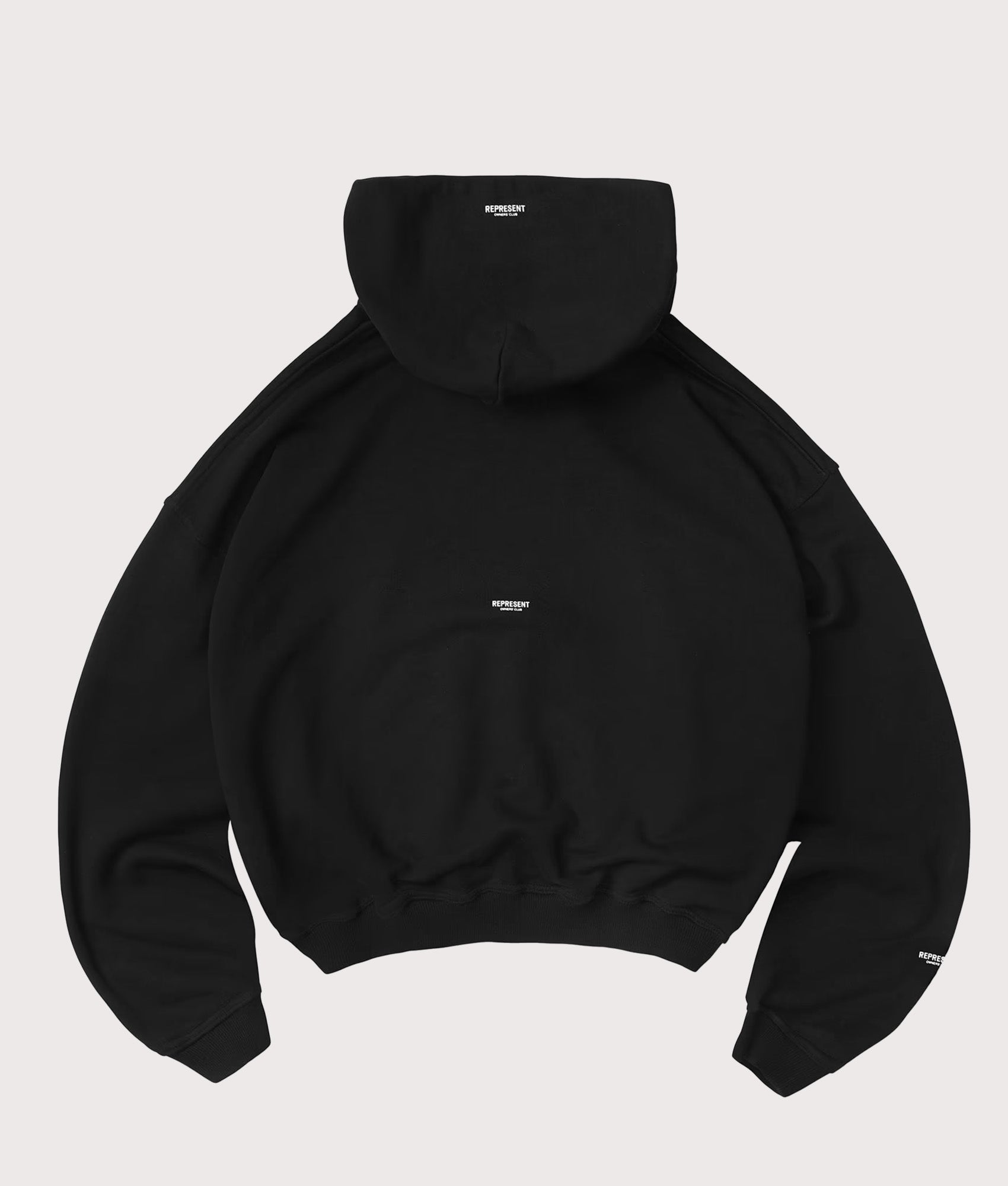Represent Oversized Micro Owners Club Hoodie in Jet Black at EQVVS Menswear. Back shot.