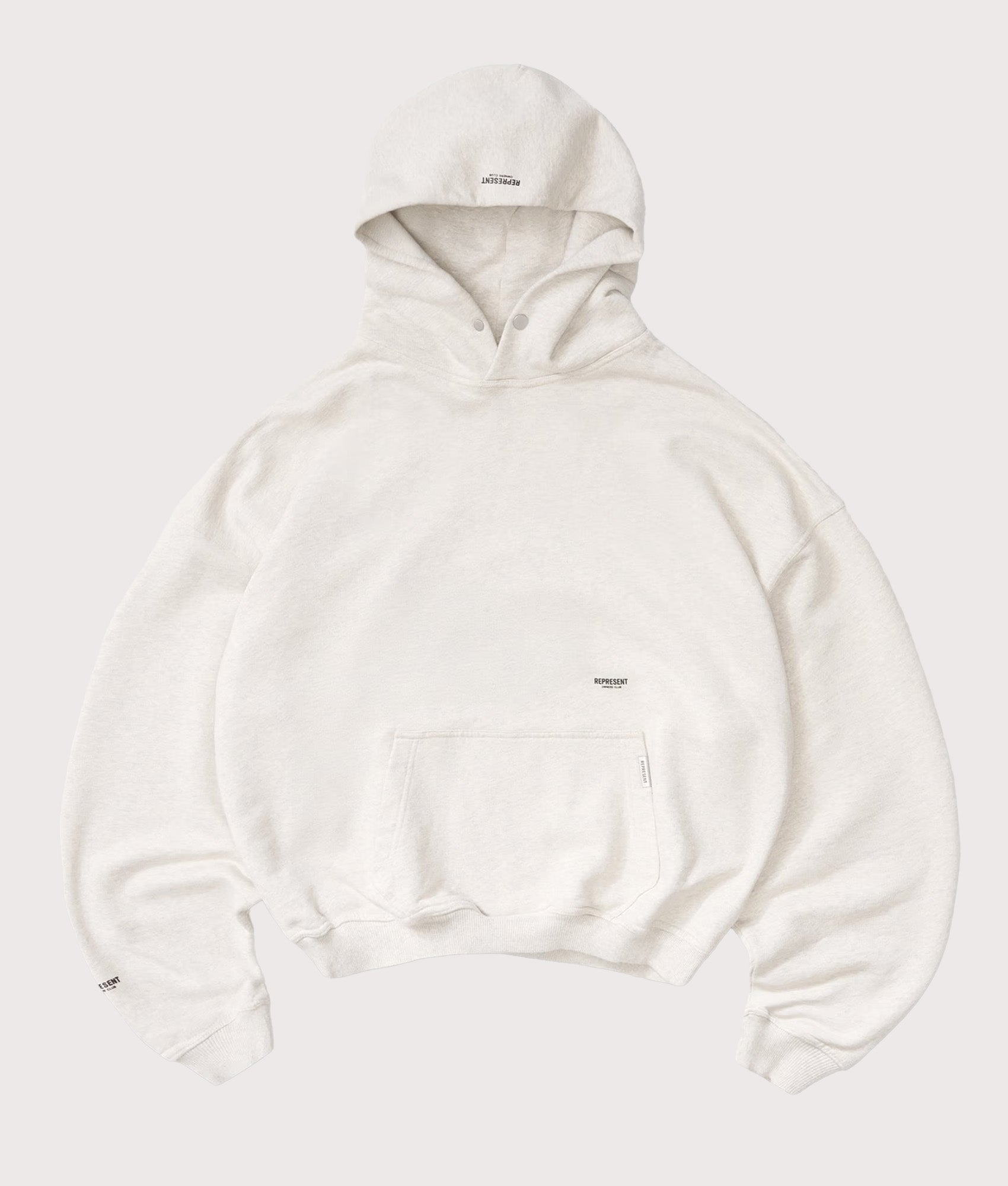 Represent Oversized Micro Owners Club Hoodie in Cream Marl at EQVVS Menswear. Front shot.