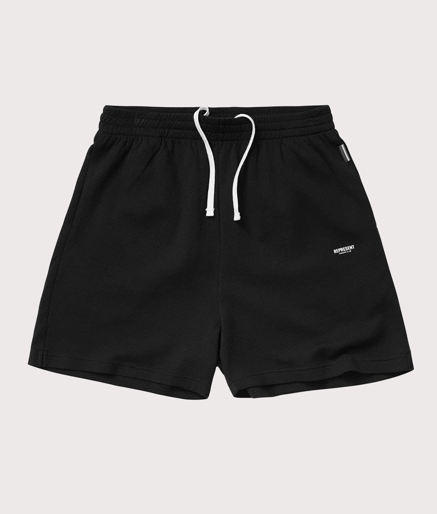 Represent Relaxed fit Micro Owners Club Shorts in Black at EQVVS Menswear. Front shot.