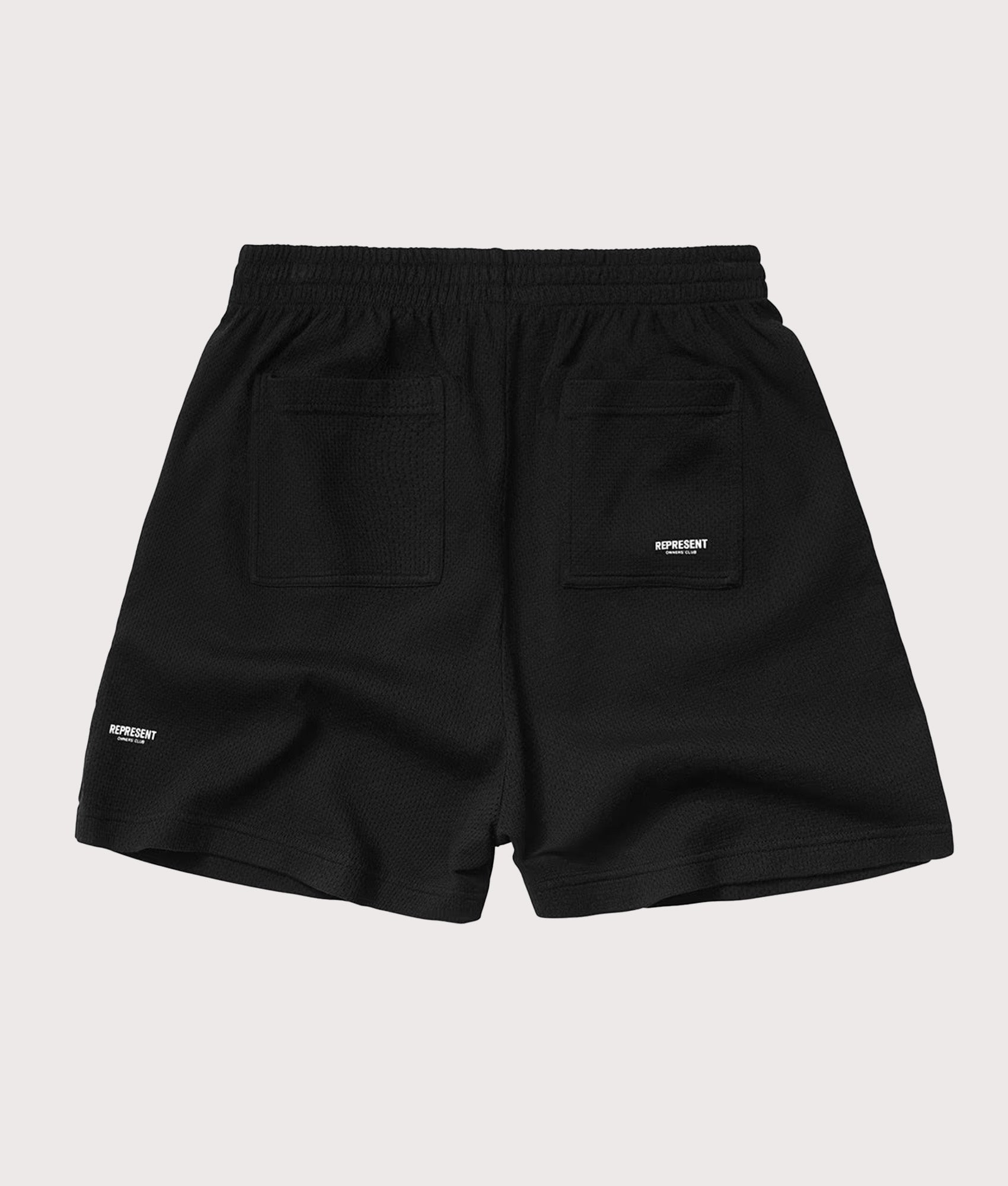 Represent Relaxed fit Micro Owners Club Shorts in Black at EQVVS Menswear. Back shot.