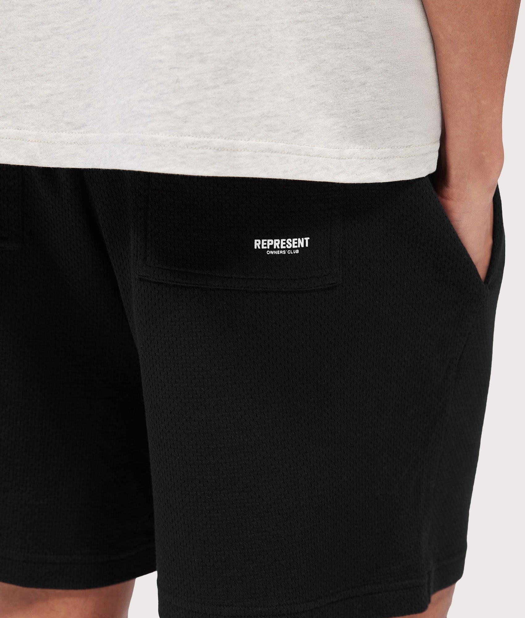 Represent Relaxed fit Micro Owners Club Shorts in Black at EQVVS Menswear. Second detail shot.