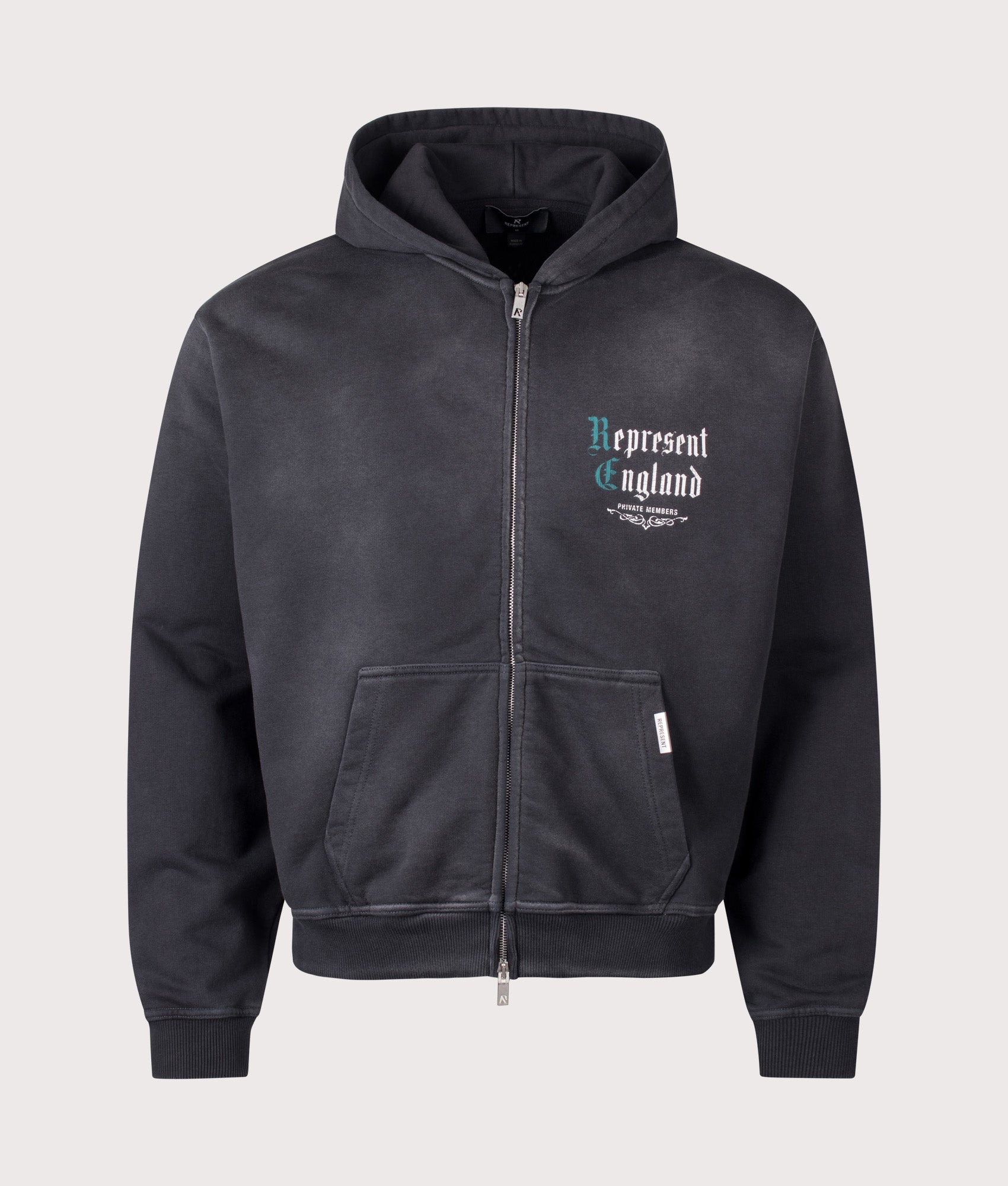 Represent Oversized Fit Private Members Hoodie in Stained Black at EQVVS Menswear. Front shot.