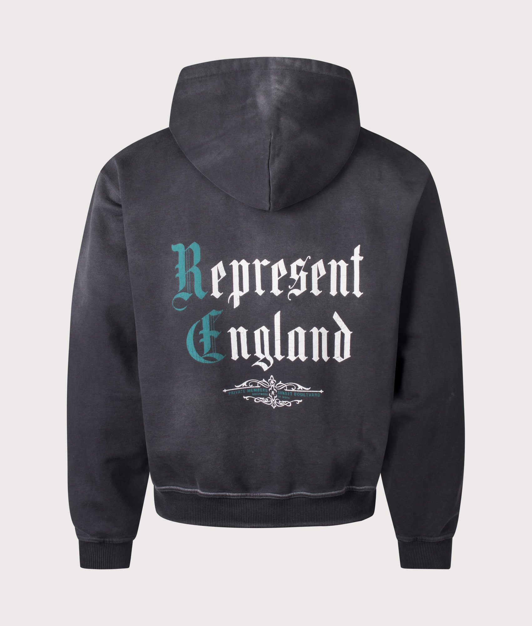 Represent Oversized Fit Private Members Hoodie in Stained Black at EQVVS Menswear. Back shot.