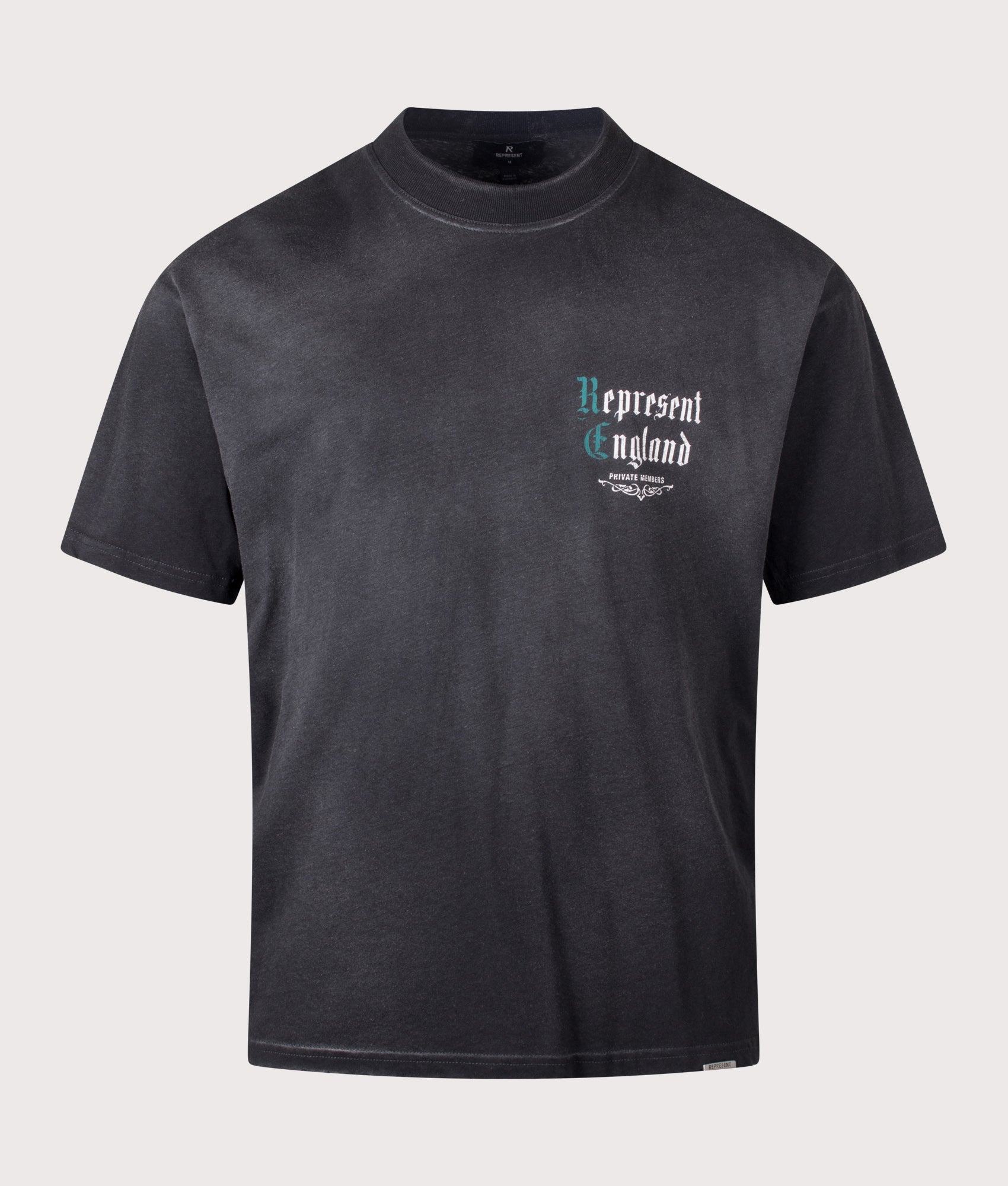 Represent Oversized Fit Private Members T-Shirt in Stained Black at EQVVS Menswear. Front shot.