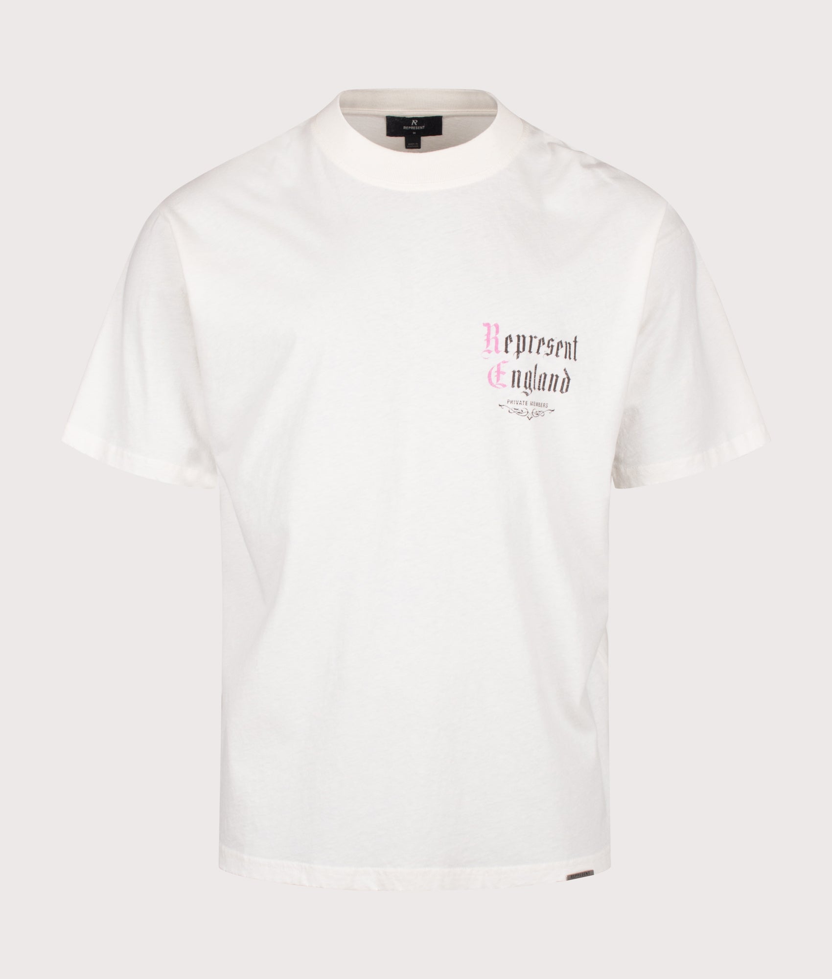 Represent Oversized Fit Private Members T-Shirt in Flat White at EQVVS Menswear. Front shot.