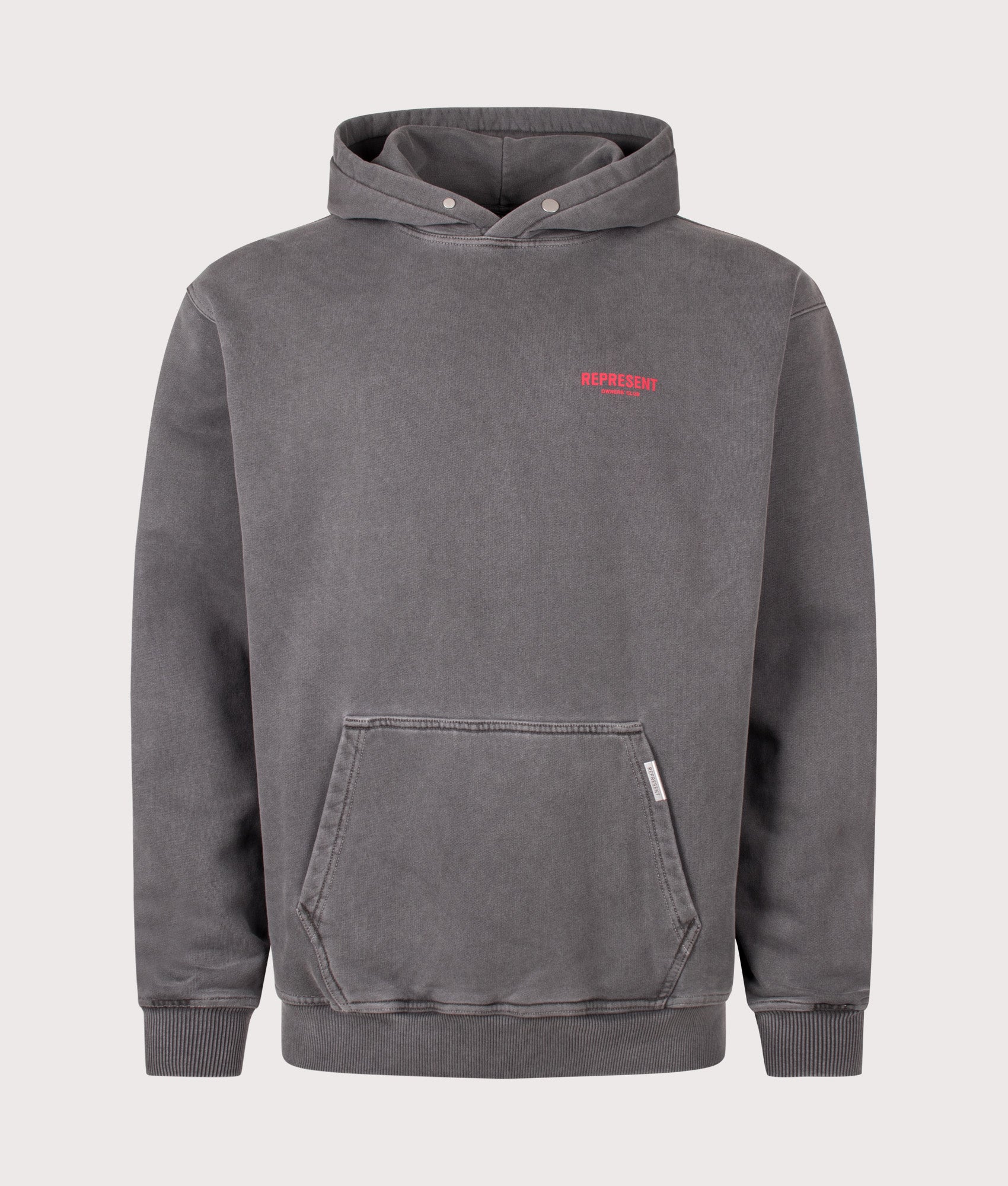 Represent Oversized Fit Represent Owners Club Hoodie in Washed Black at EQVVS Menswear. Front shot.
