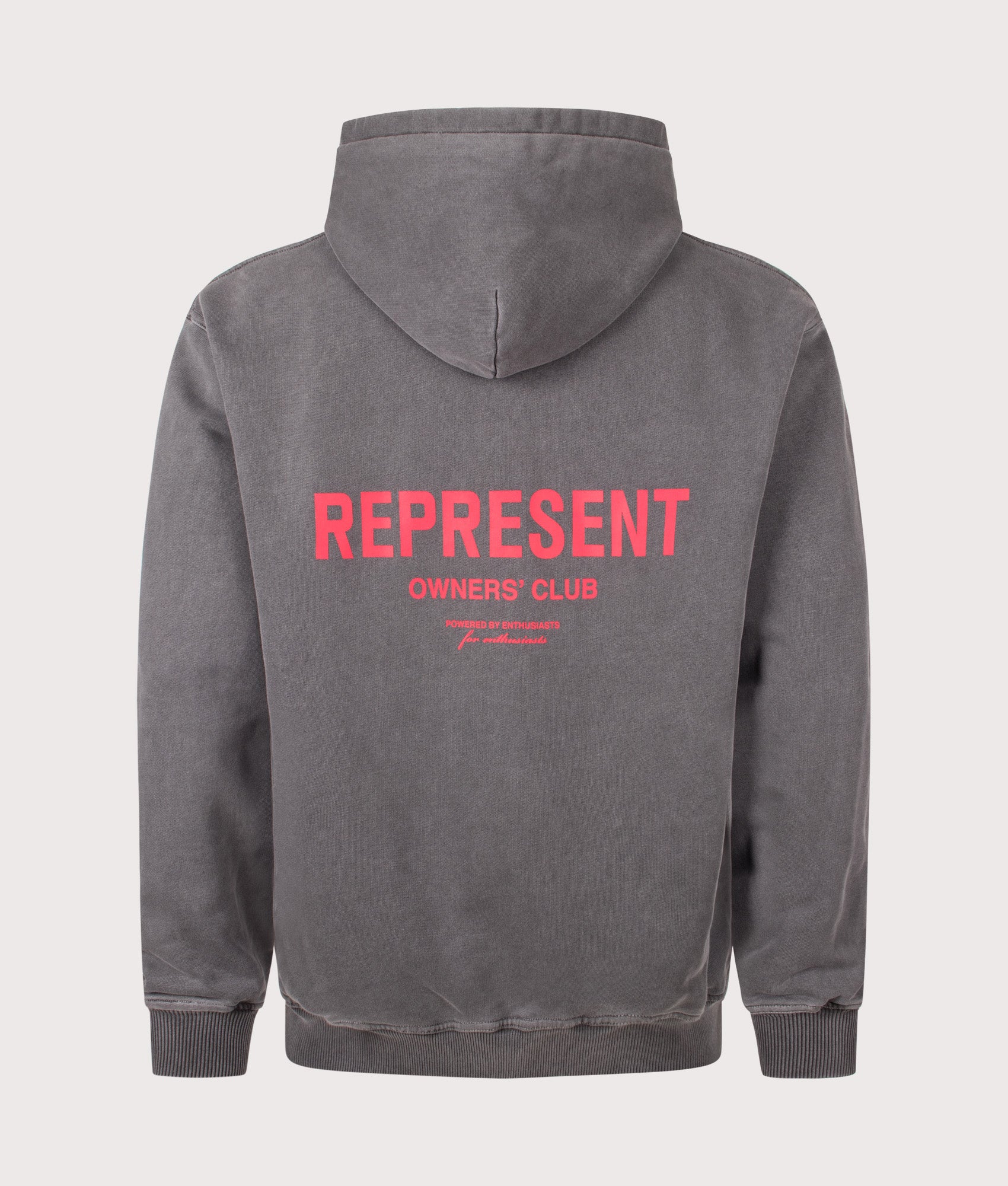 Represent Oversized Fit Represent Owners Club Hoodie in Washed Black at EQVVS Menswear. Back shot.