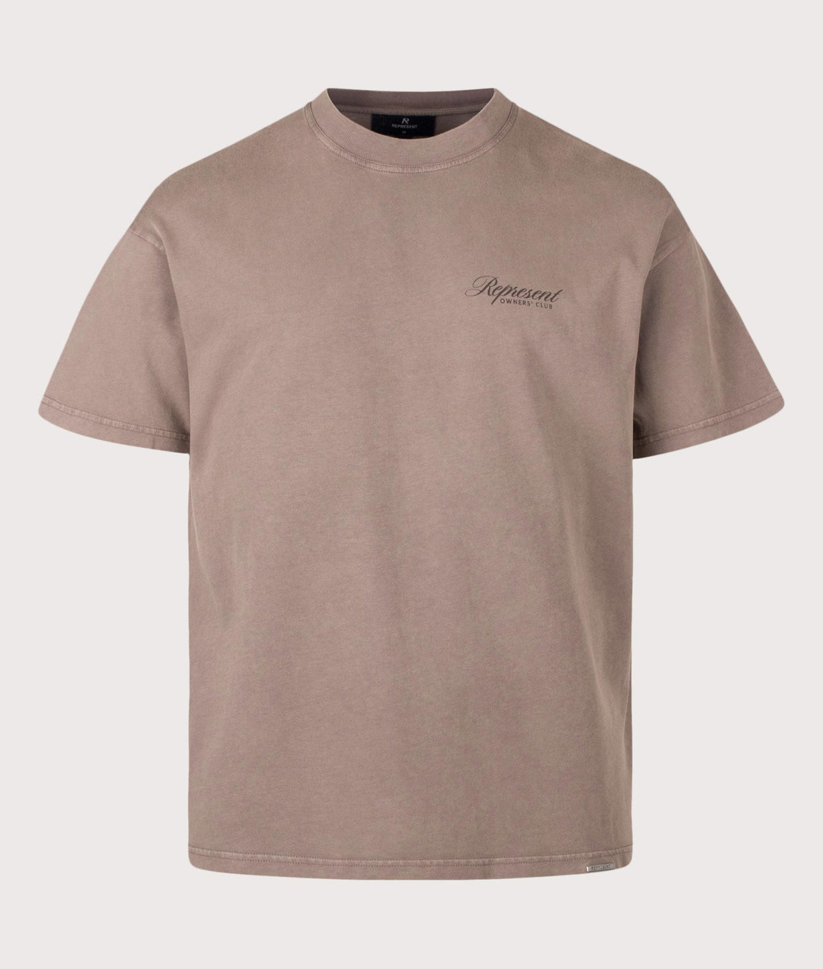 Represent Oversized Fit Represent Owners Club Script T-Shirt in Truffle at EQVVS Menswear. Front shot.