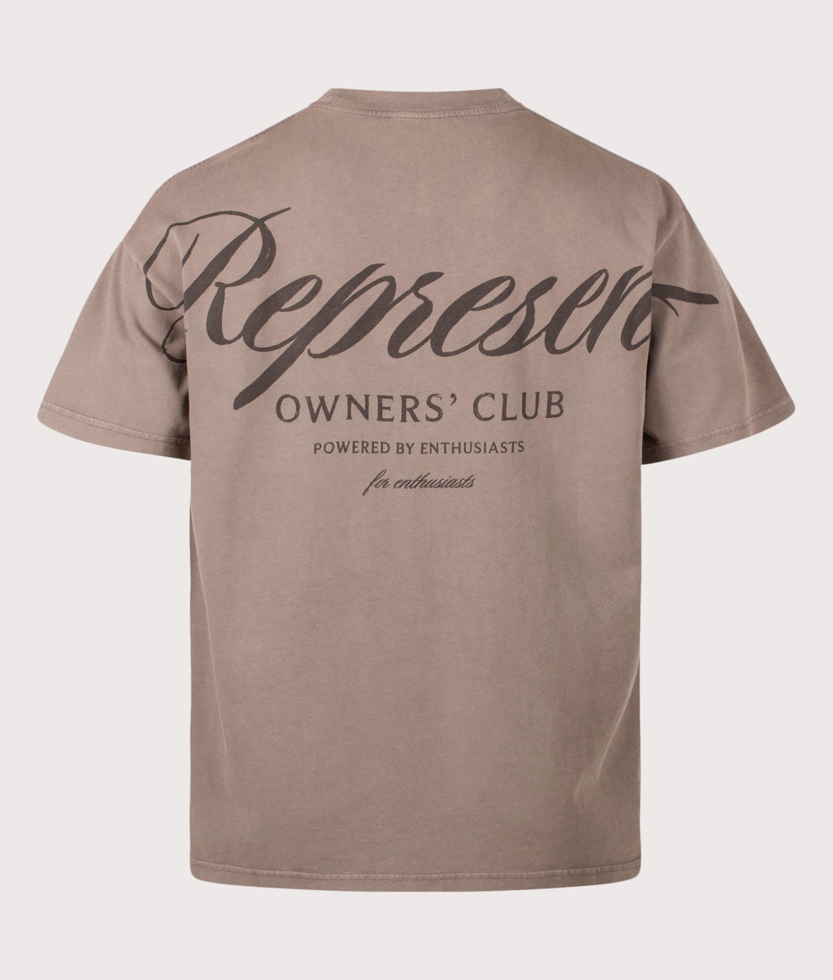 Represent Oversized Fit Represent Owners Club Script T-Shirt in Truffle at EQVVS Menswear. Back shot.