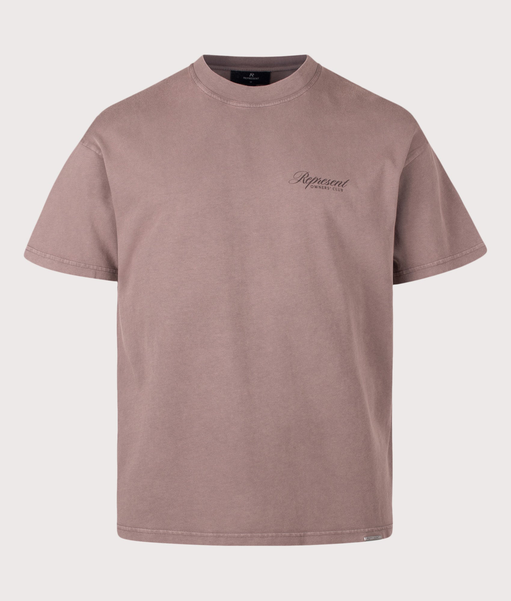 Represent Oversized Fit Represent Owners Club Script T-Shirt in Truffle at EQVVS Menswear. Front shot.
