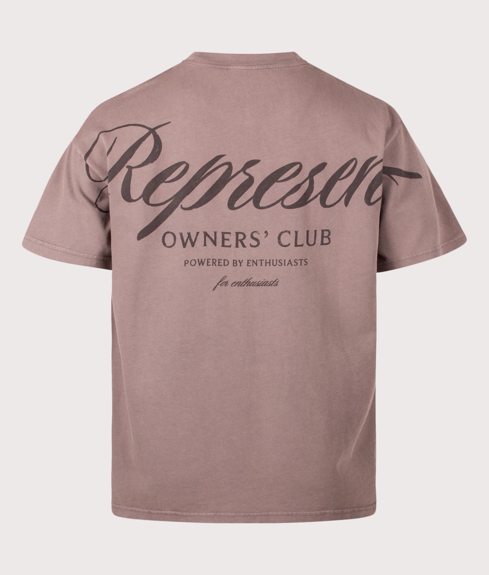 Represent Oversized Fit Represent Owners Club Script T-Shirt in Truffle at EQVVS Menswear. Back shot.