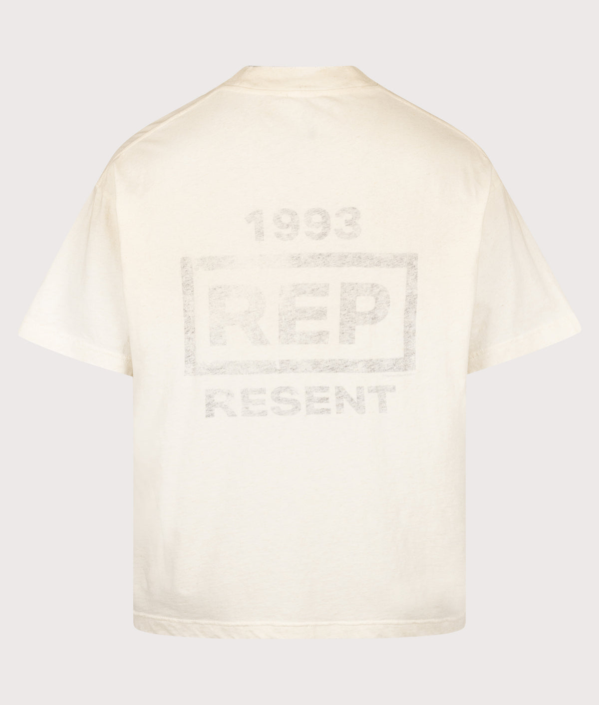 REPRESENT Oversized Box Fit Reverse Resent T-Shirt in Flat White at EQVVS Menswear. Back shot.