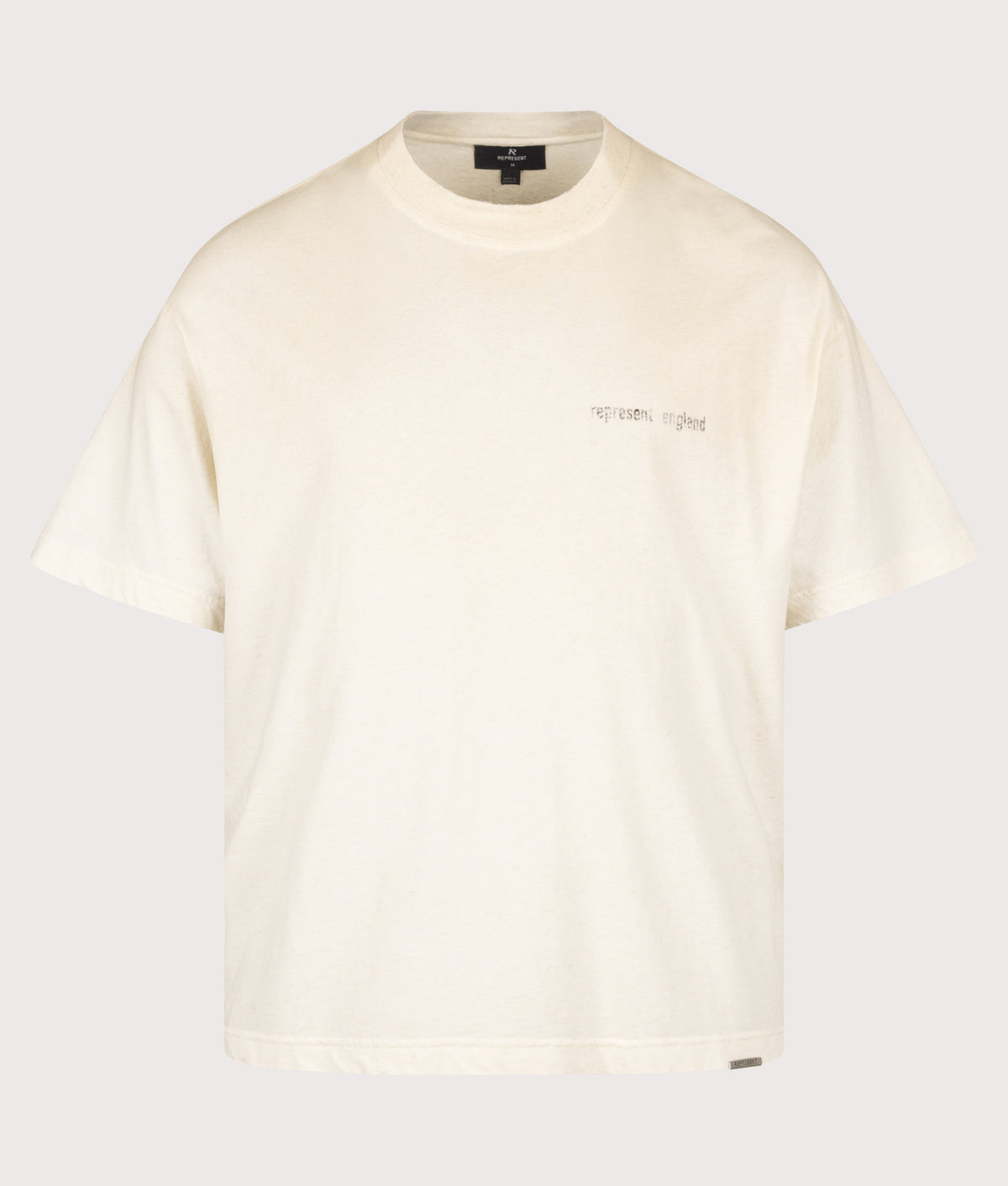 REPRESENT Oversized Box Fit Reverse Resent T-Shirt in Flat White at EQVVS Menswear. Front shot.
