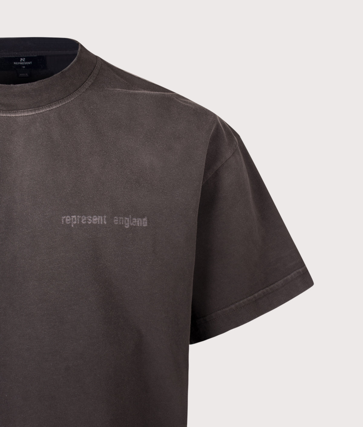 REPRESENT Oversized Box Fit Resent T-Shirt in Ash at EQVVS Menswear. Detail shot.