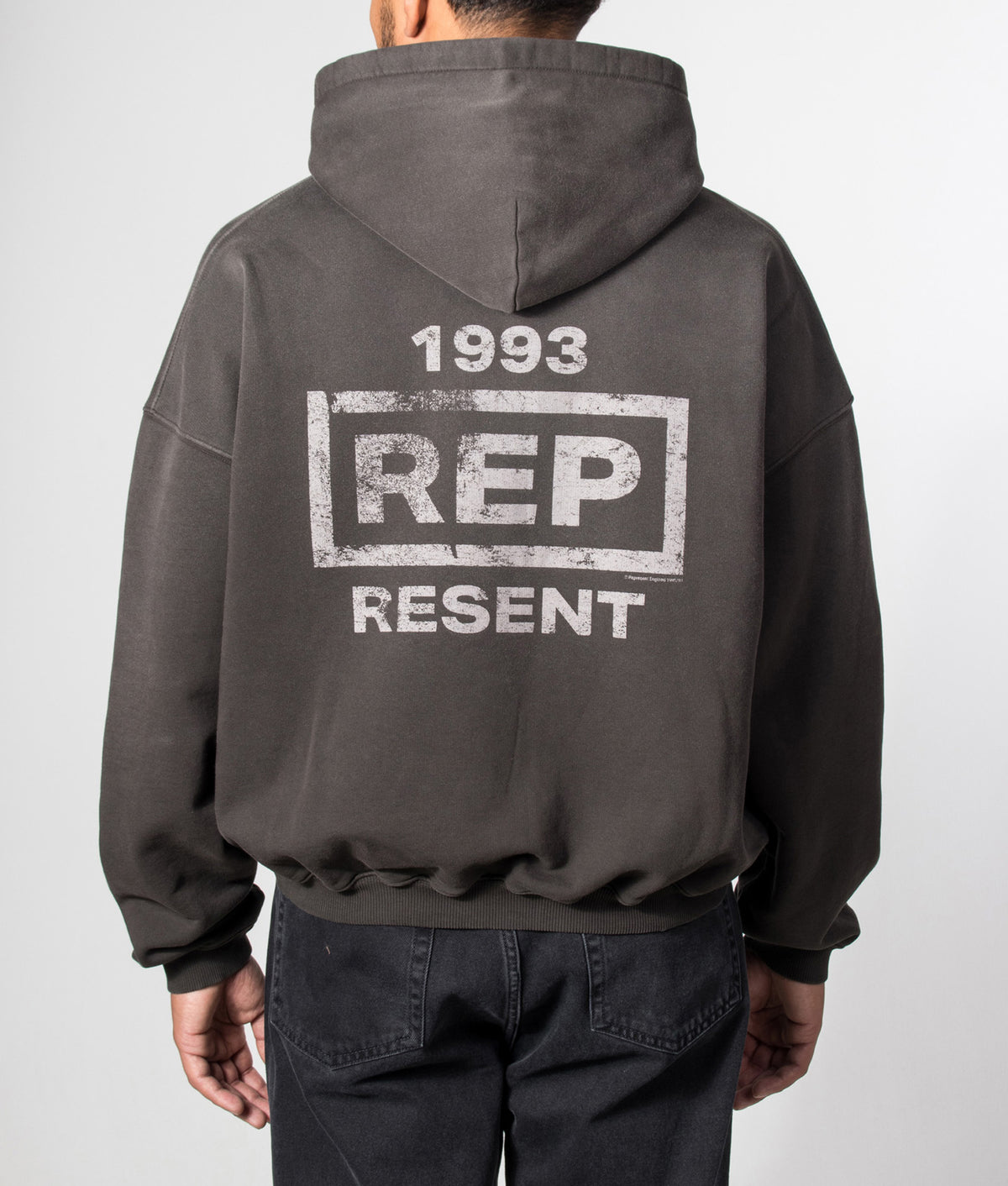 REPRESENT Oversized Fit Resent Hoodie in Ash at EQVVS Menswear. Back shot.