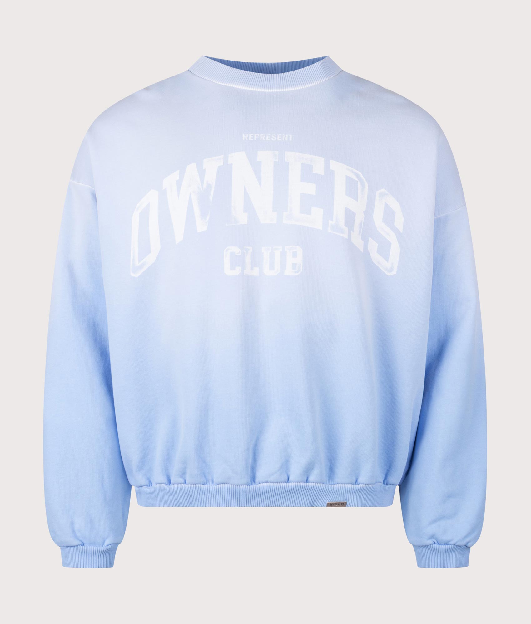 REPRESENT Oversized 2.0 Owners Club Sweatshirt in Sky Blue at EQVVS Menswear. Front shot.