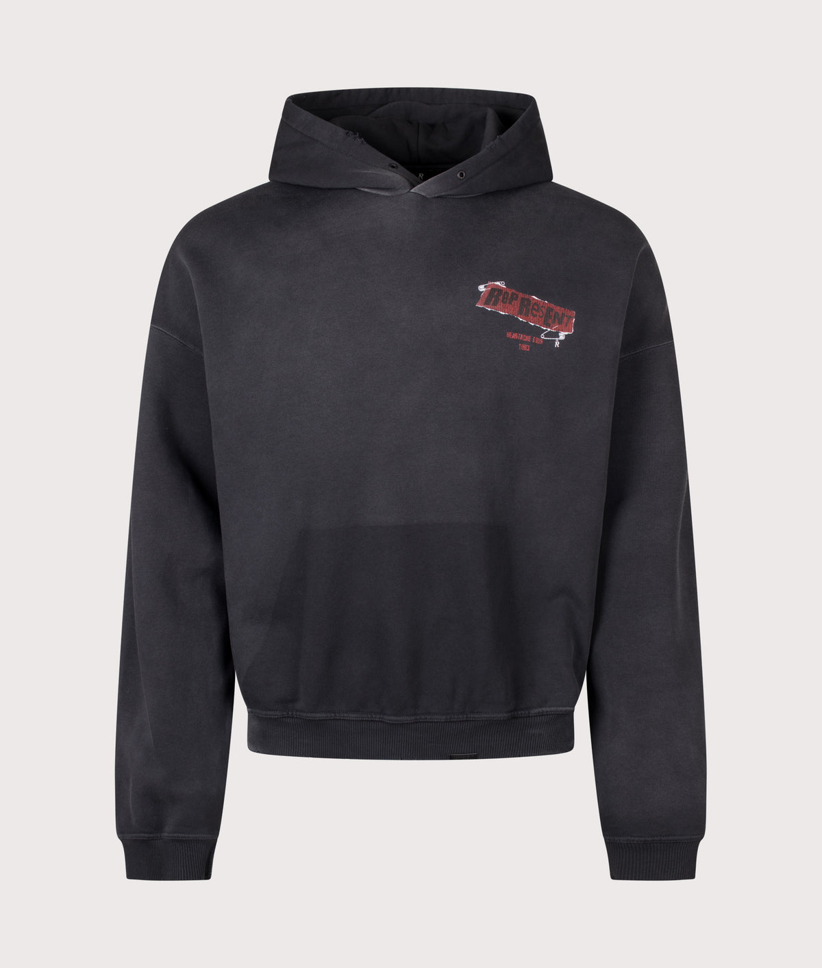 Represent Oversized Fit Ransom Hoodie in Vintage Black at EQVVS Menswear. Front shot.