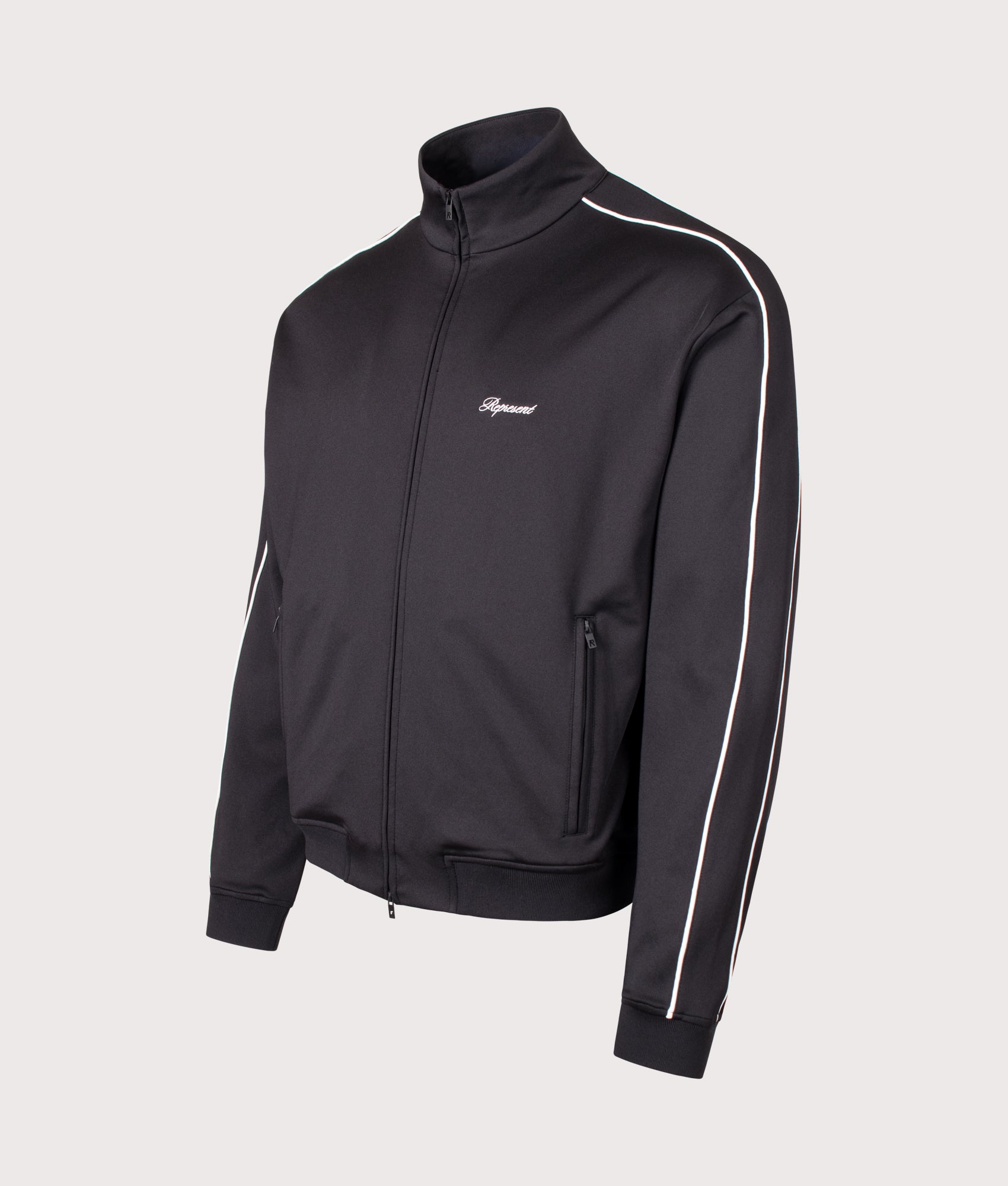 Represent Taped Track Top in Black at EQVVS menswear. Angled front shot.