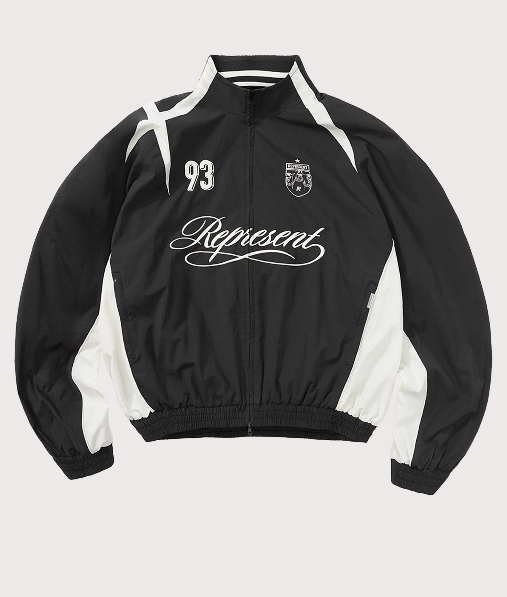 Represent Woven Track Star Jacket in Jet Black at EQVVS Menswear. Flat shot.