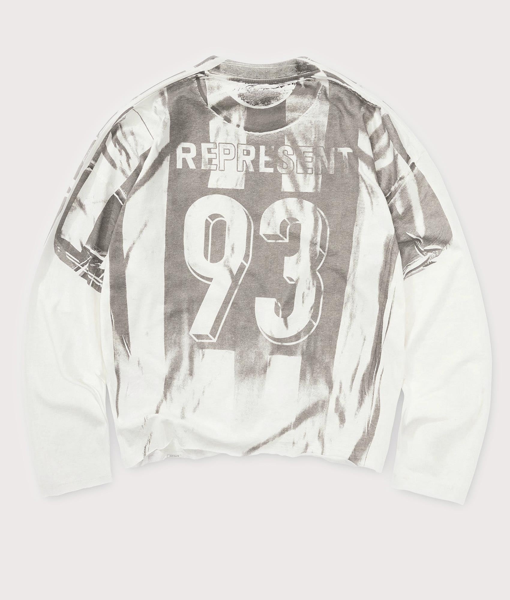 Represent Oversized Fit Printed LS Football Top in Flat White at EQVVS Menswear. Fat back shot.
