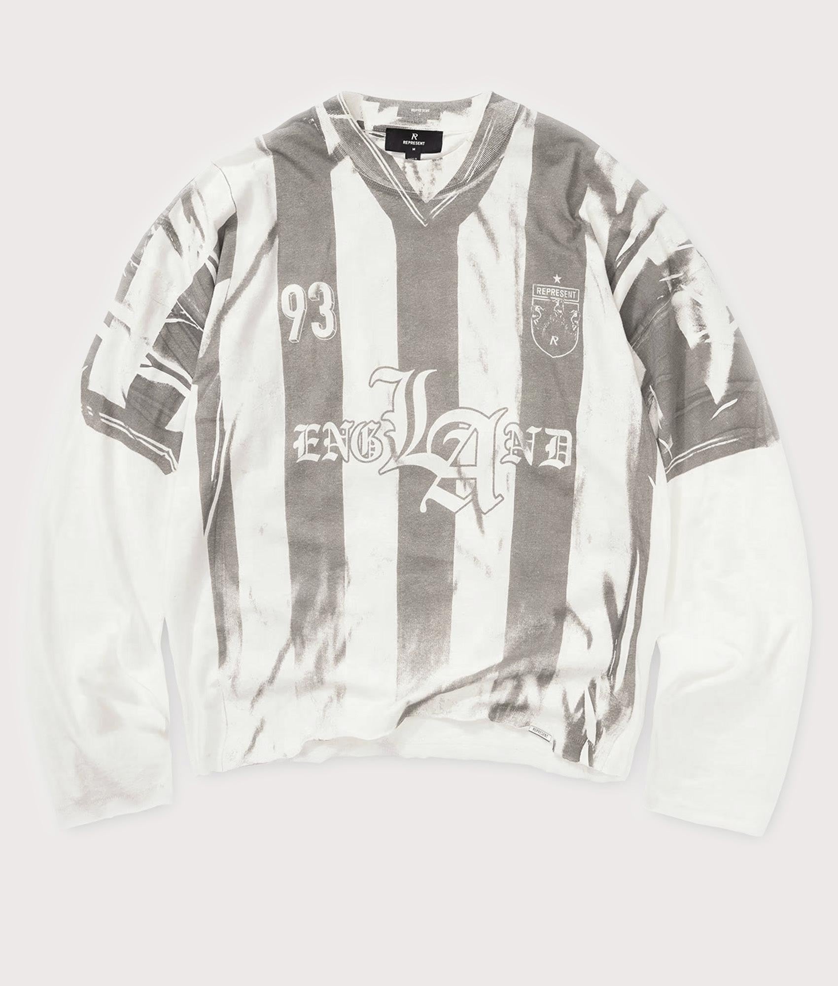Represent Oversized Fit Printed LS Football Top in Flat White at EQVVS Menswear. Front shot.