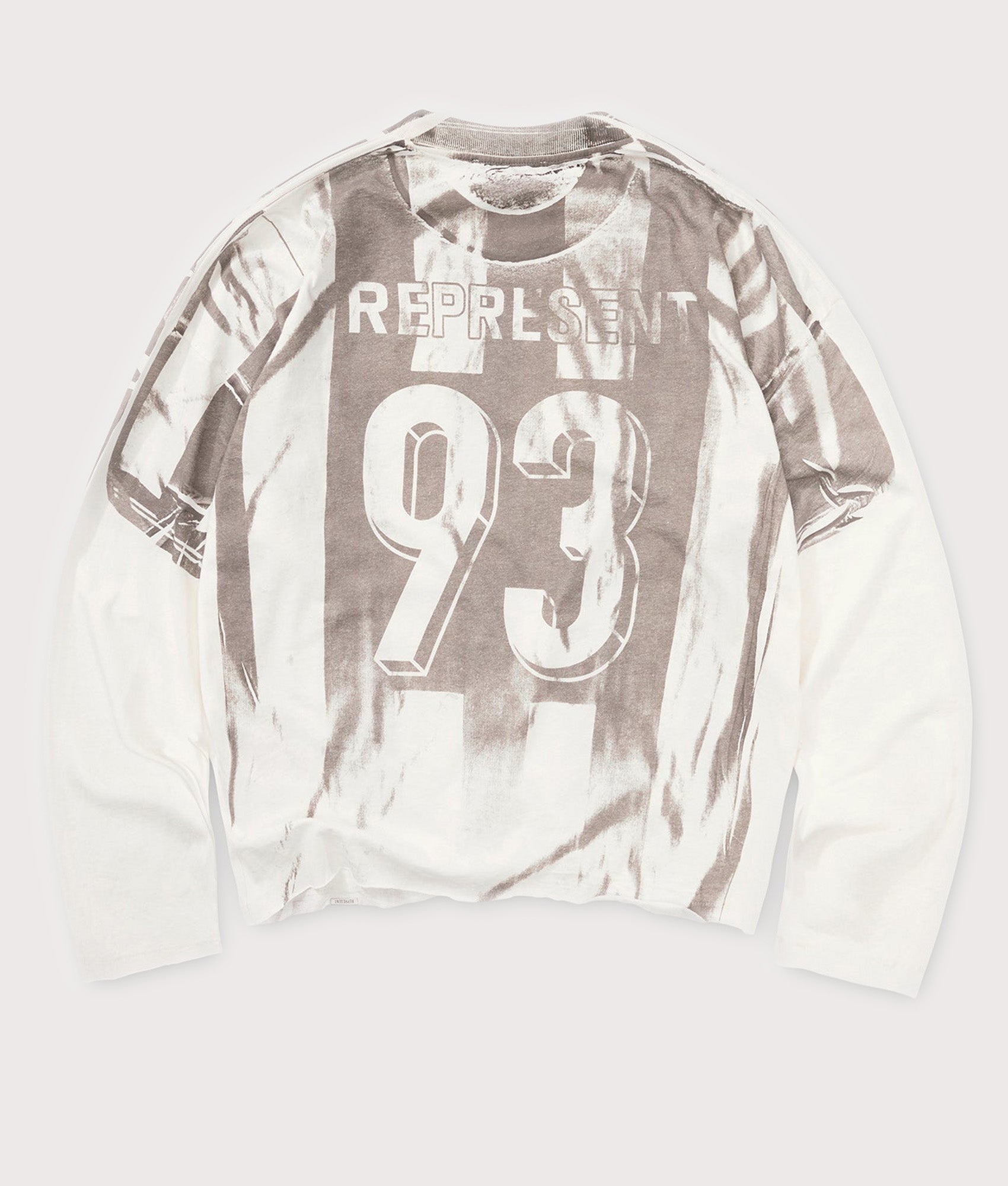 Represent Oversized Fit Printed LS Football Top in Flat White at EQVVS Menswear. Flat back shot.