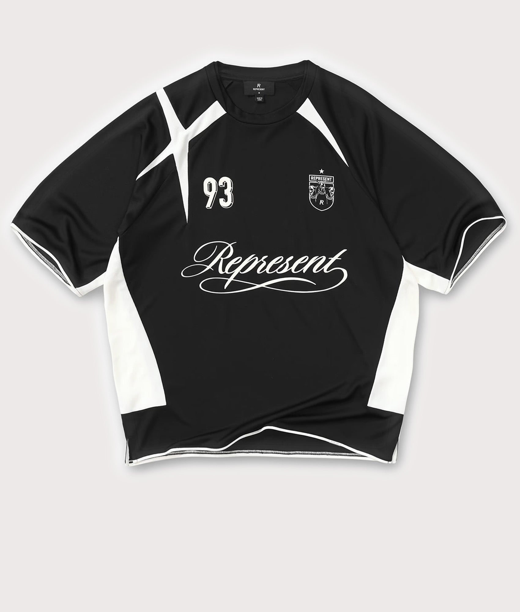 Represent Oversized Star Football Top in Jet Black at EQVVS Menswear. Flat shot.
