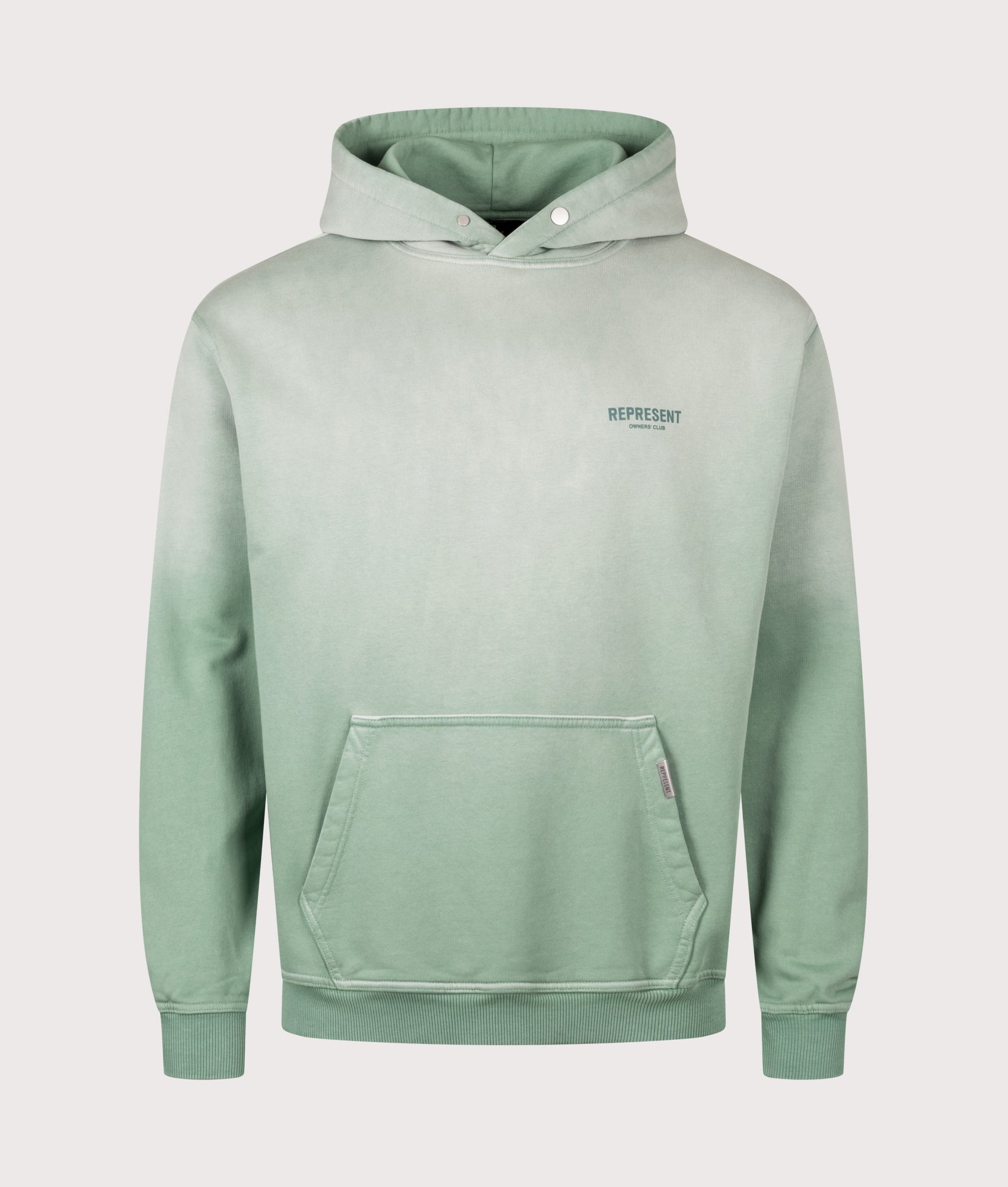 Represent Oversized Fit Represent Owners Club Hoodie in Washed Aloe at EQVVS Menswear. Front shot.