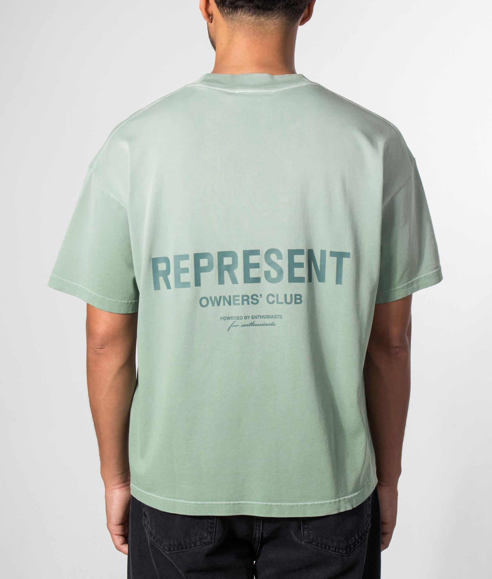 Represent Oversized Fit Represent Owners Club T-Shirt in Washed Aloe at EQVVS Menswear. Model back shot.