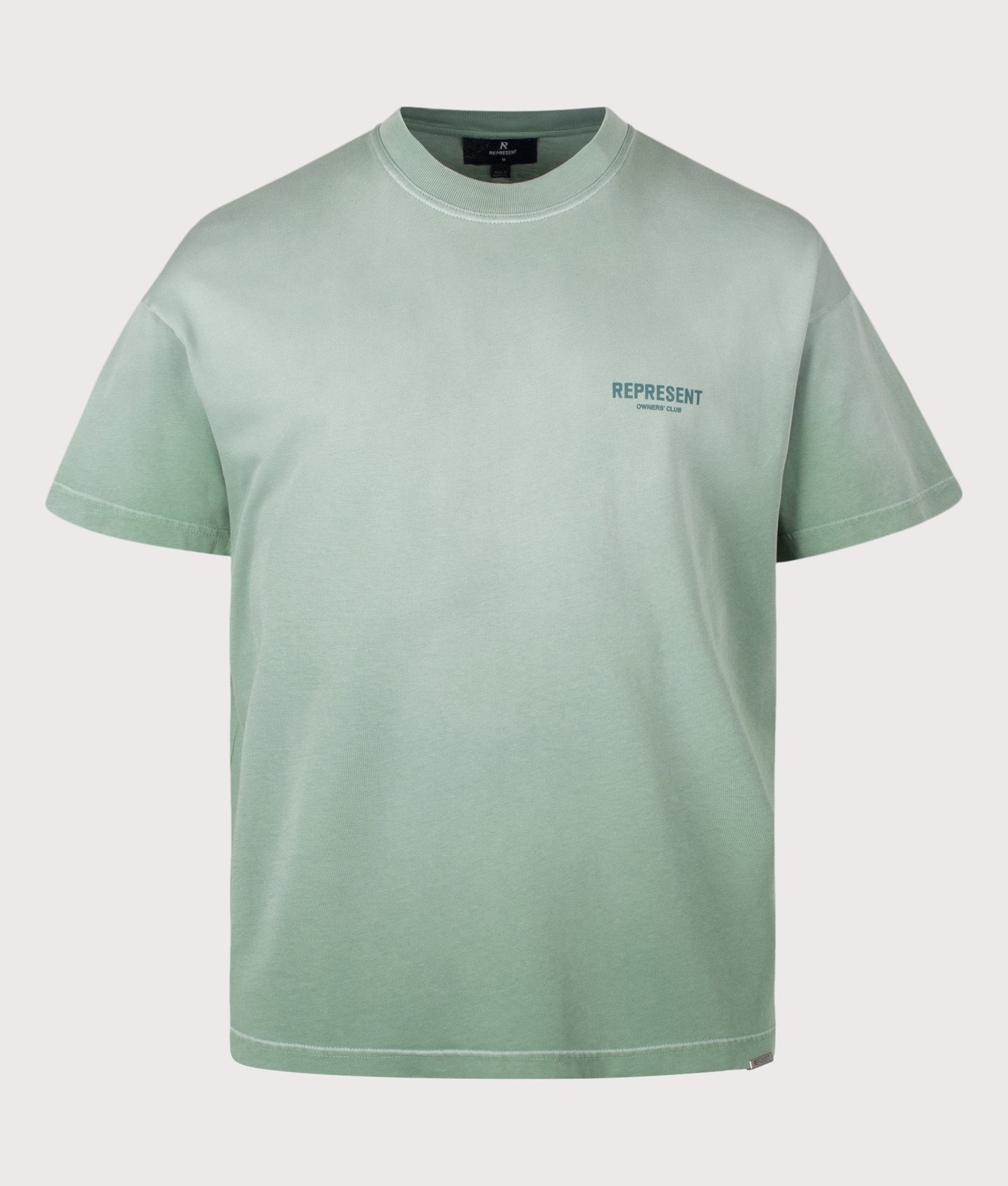Represent Oversized Fit Represent Owners Club T-Shirt in Washed Aloe at EQVVS Menswear. Front shot.