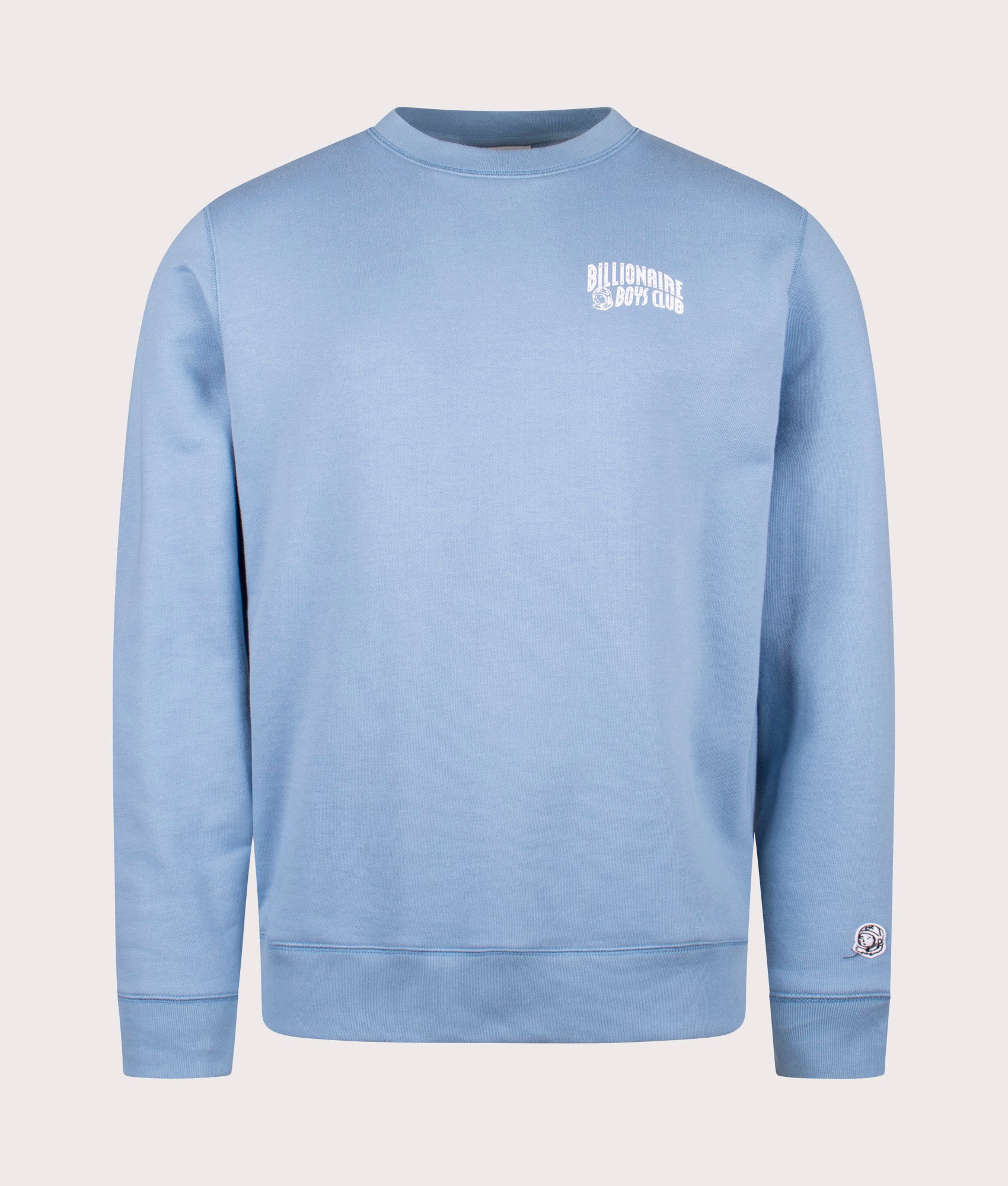 Small Arch Logo Sweatshirt in Powder Blue White Logo. 100% Cotton | Billionaire Boys Club | Shot at EQVVS |  Front shot 