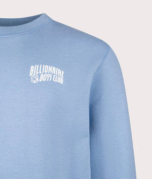 Small Arch Logo Sweatshirt in Powder Blue White Logo. 100% Cotton | Billionaire Boys Club | Shot at EQVVS | Front detail shot 
