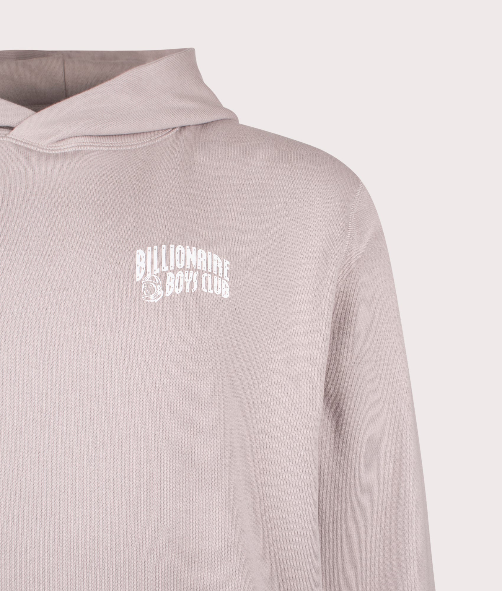 Small Arch Logo Hoodie in Flat Grey. 100% Cotton | Billionaire Boys Club | Shot at EQVVS | Front detail shot
