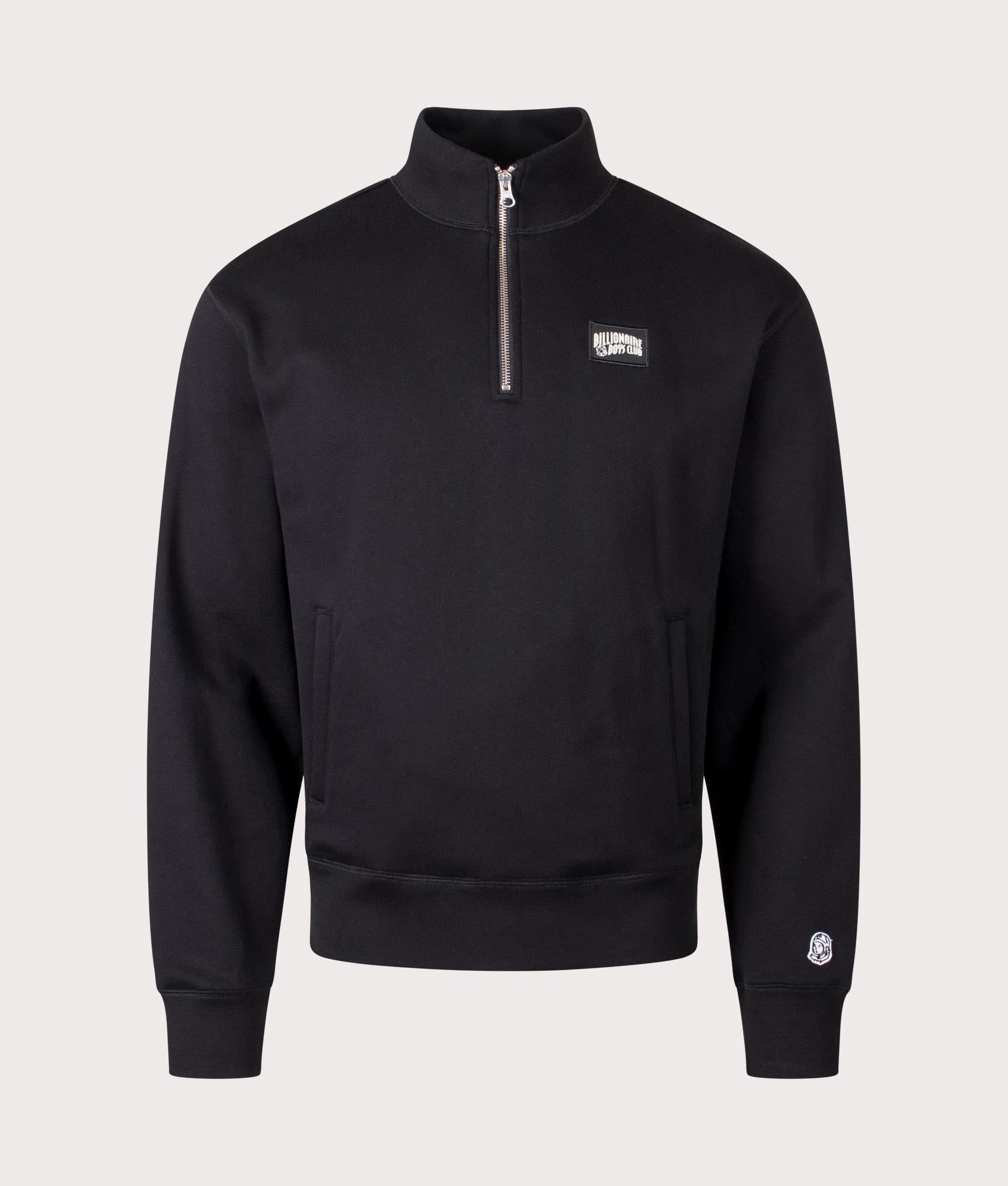 Woven Patch Quarter Zip Sweatshirt in Black. 100% Cotton | Billionaire Boys Club | Shot at EQVVS | Front shot 