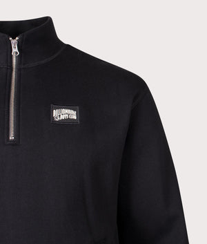Woven Patch Quarter Zip Sweatshirt in Black. 100% Cotton | Billionaire Boys Club | Shot at EQVVS | Front detail shot 