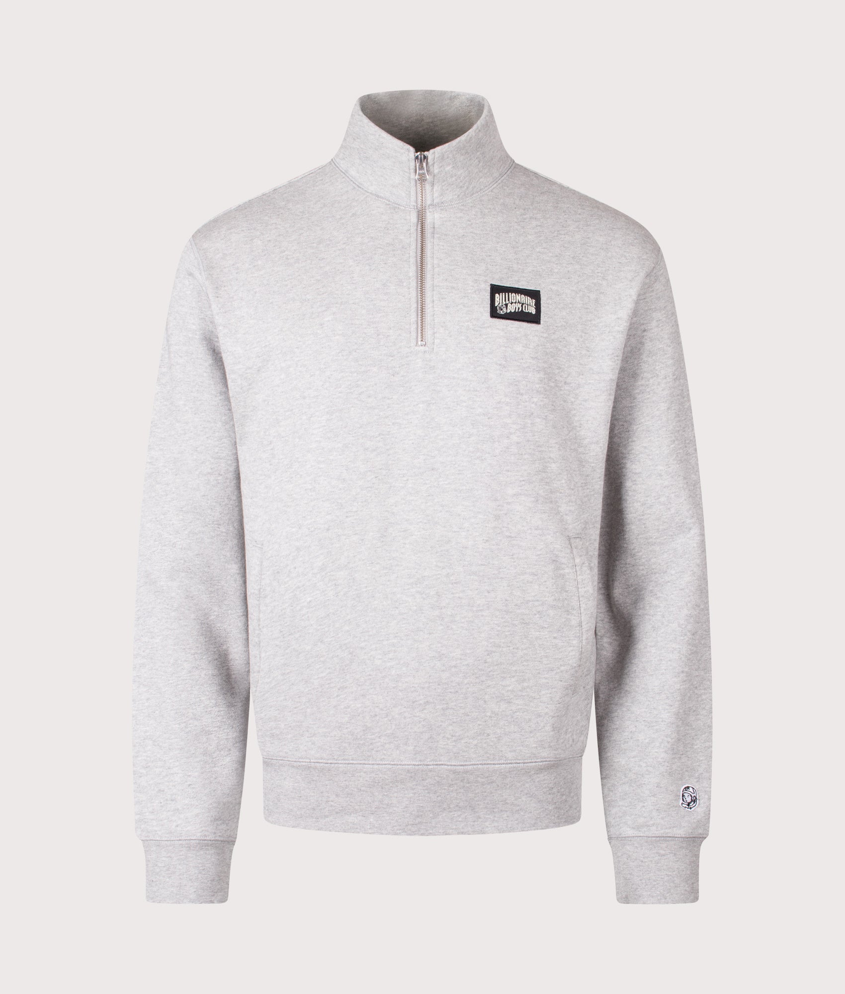 Woven Patch Arch Logo Quarter Zip Crewneck in Heather Grey | Billionaire Boys Club | Shot at EQVVS | Front shot 