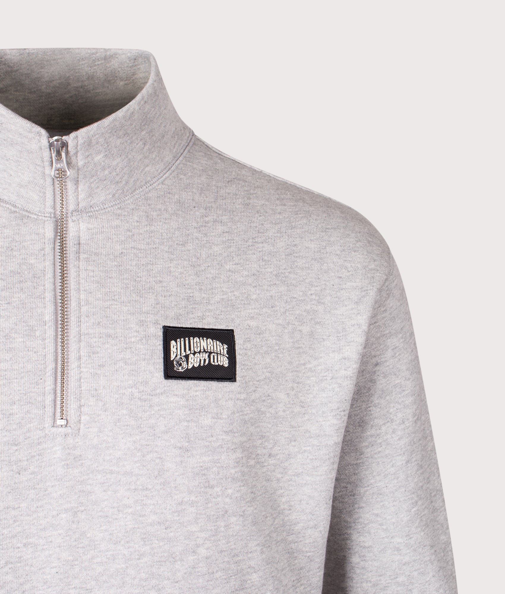 Woven Patch Arch Logo Quarter Zip Crewneck in Heather Grey | Billionaire Boys Club | Shot at EQVVS | Front detail shot 